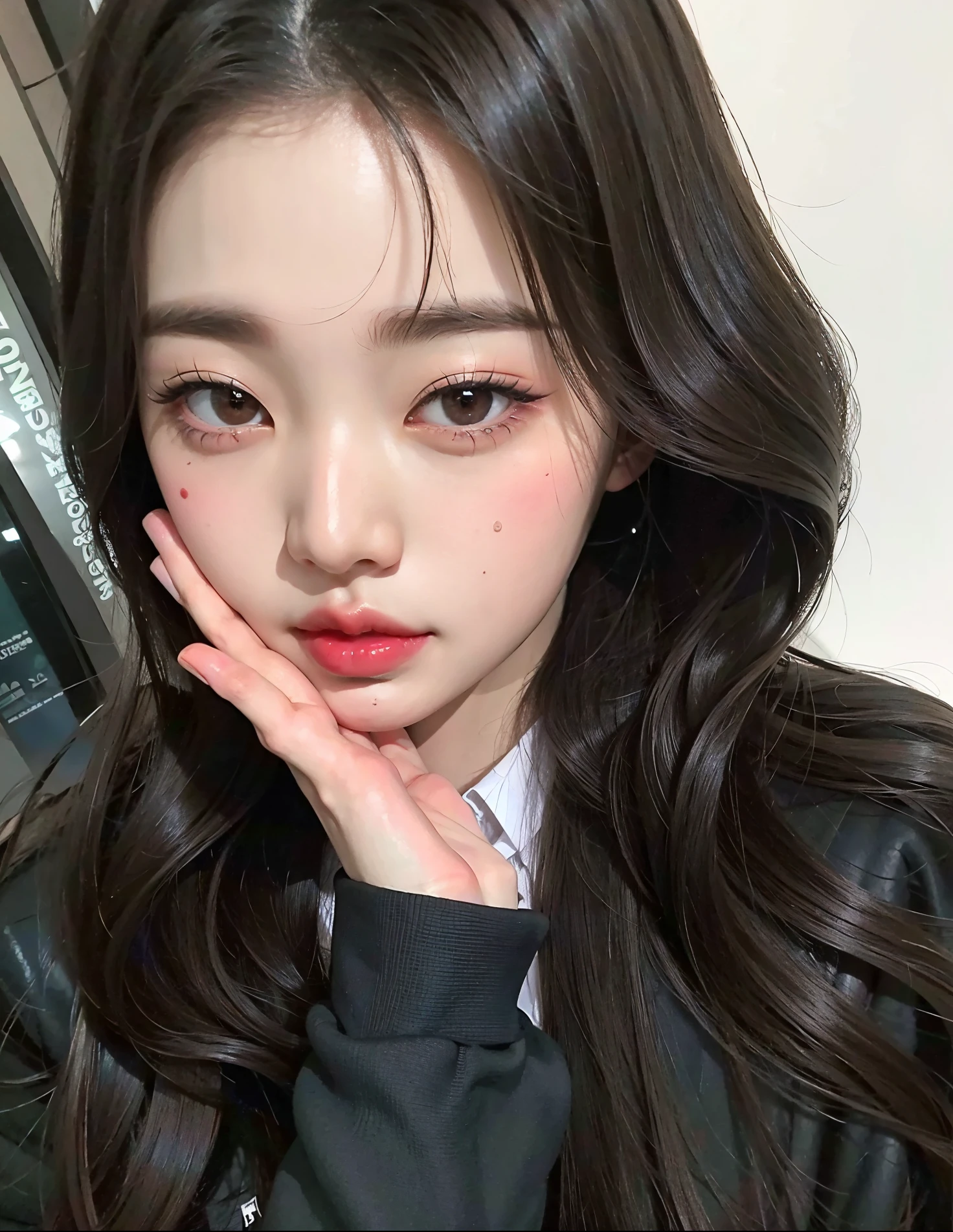 Un primer plano de una mujer con el pelo largo y una chaqueta negra, ulzzang, Wan adorable cara coreana, Jinyoung Shin, Jaeyeon Nam, Chica coreana, Joven y adorable rostro coreano, Rasgos de la cara coreana, Hermosa mujer surcoreana, con cara linda - fina -, Beautiful aesthetic face, maquillaje popular de Corea del Sur, Korean symmetrical face, maquillaje coreano popular