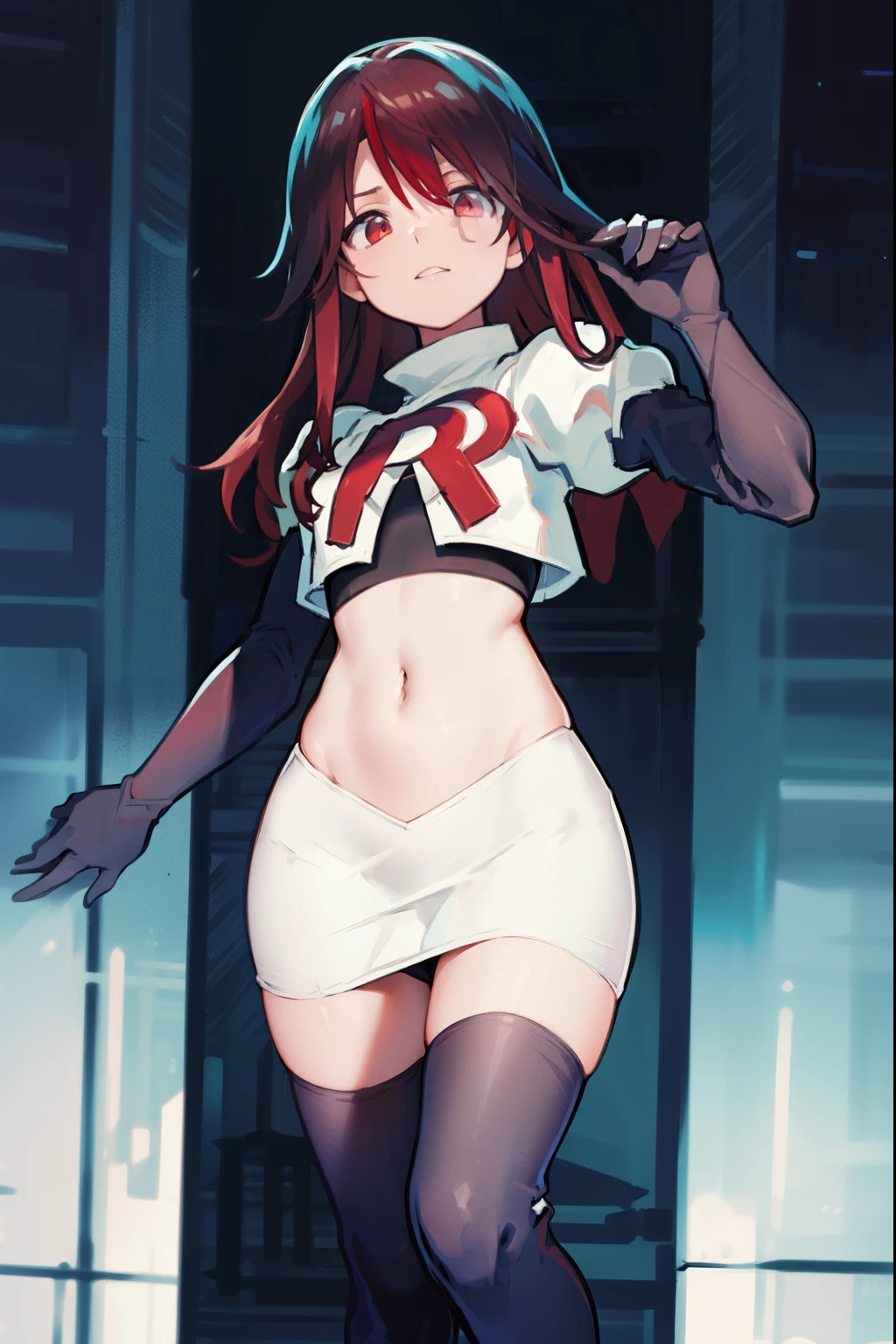 rosariarnd, team rocket,team rocket uniform, red letter R, white skirt,white crop top,black thigh-highs,black elbow gloves