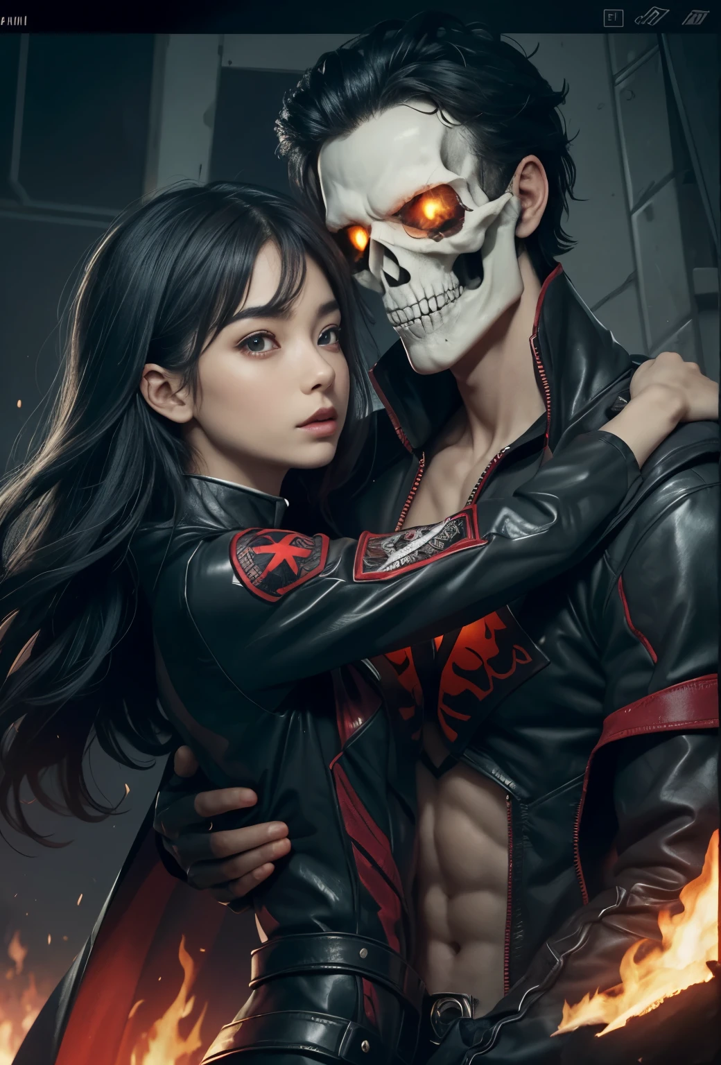 Marvel's Ghost Rider (portrayed by Taylor Swift, leather jacket, leather pants, flaming skull head, gloves, several hell chains wrapped around forearms), night, downtown Tokyo