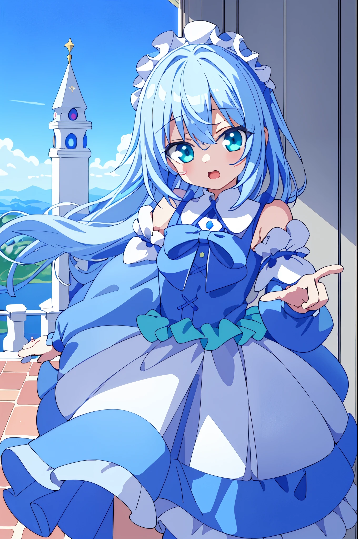 extremely detaile, absurd res, Ultra-high sharpness, ultra - detailed, Best quality at best,
1 girl, Alone, pretty hand, Perfect hands,
break princess, Princess dress with lots of ruffles，
幸福的laughingly容, laughingly, with her mouth open,
sitted, Cute pose,
from below,
Break the slenderness, kawaii, Perfectly symmetrical face shape, ultra cute girl, ultra cute face, ultra - detailed的眼睛, Ultra-fine hair, ultra cute, super beautiful,
BREAK
on roof of borgar, (A world of dreams, borgar, in a panoramic view:1.3), depth of fields,
medium,
Break out light blue hair, long whitr hair, messy  hair, green-eyed, hair between eye