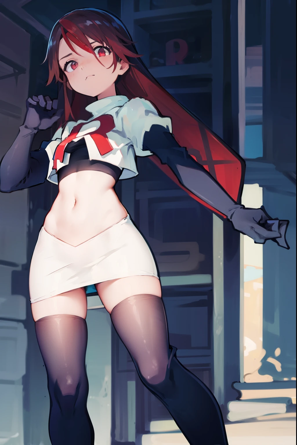 (masterpiece, best quality:1.2),illustration,8k,hd,1girl,solo,black_hair,long_hair,red_eyes,large_breasts,hair_between_eyes,headgear,navel,team rocket,team rocket uniform,white skirt,crop top,black thigh-highs,black elbow gloves,