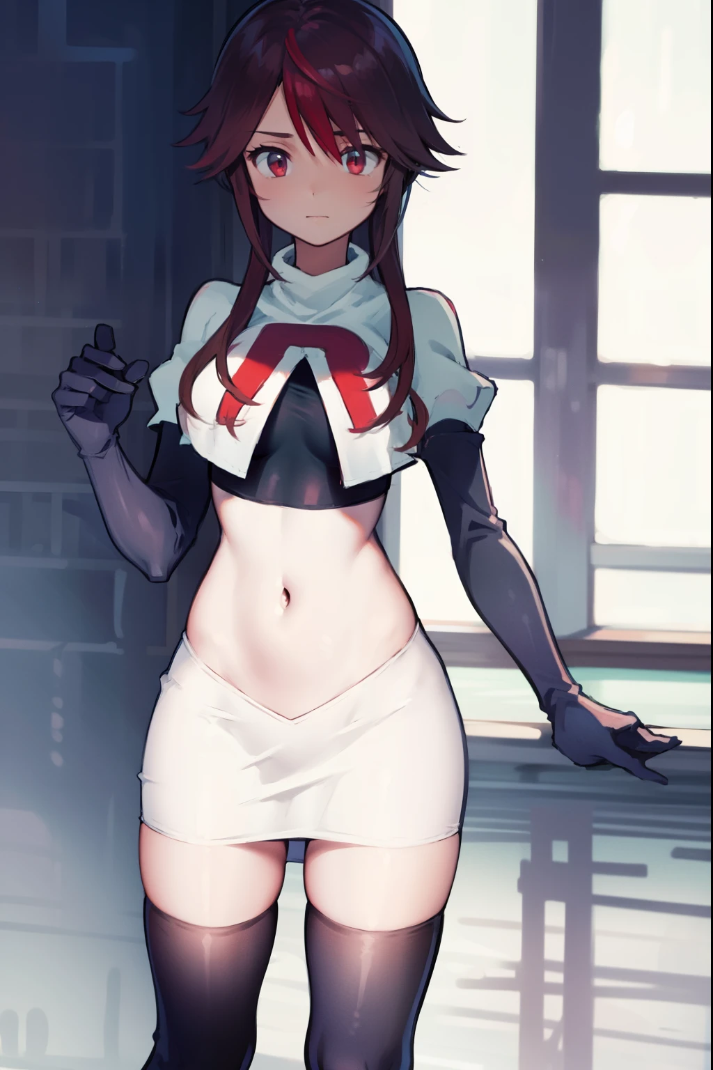 rosariarnd, team rocket,team rocket uniform, red letter R, white skirt,white crop top,black thigh-highs,black elbow gloves