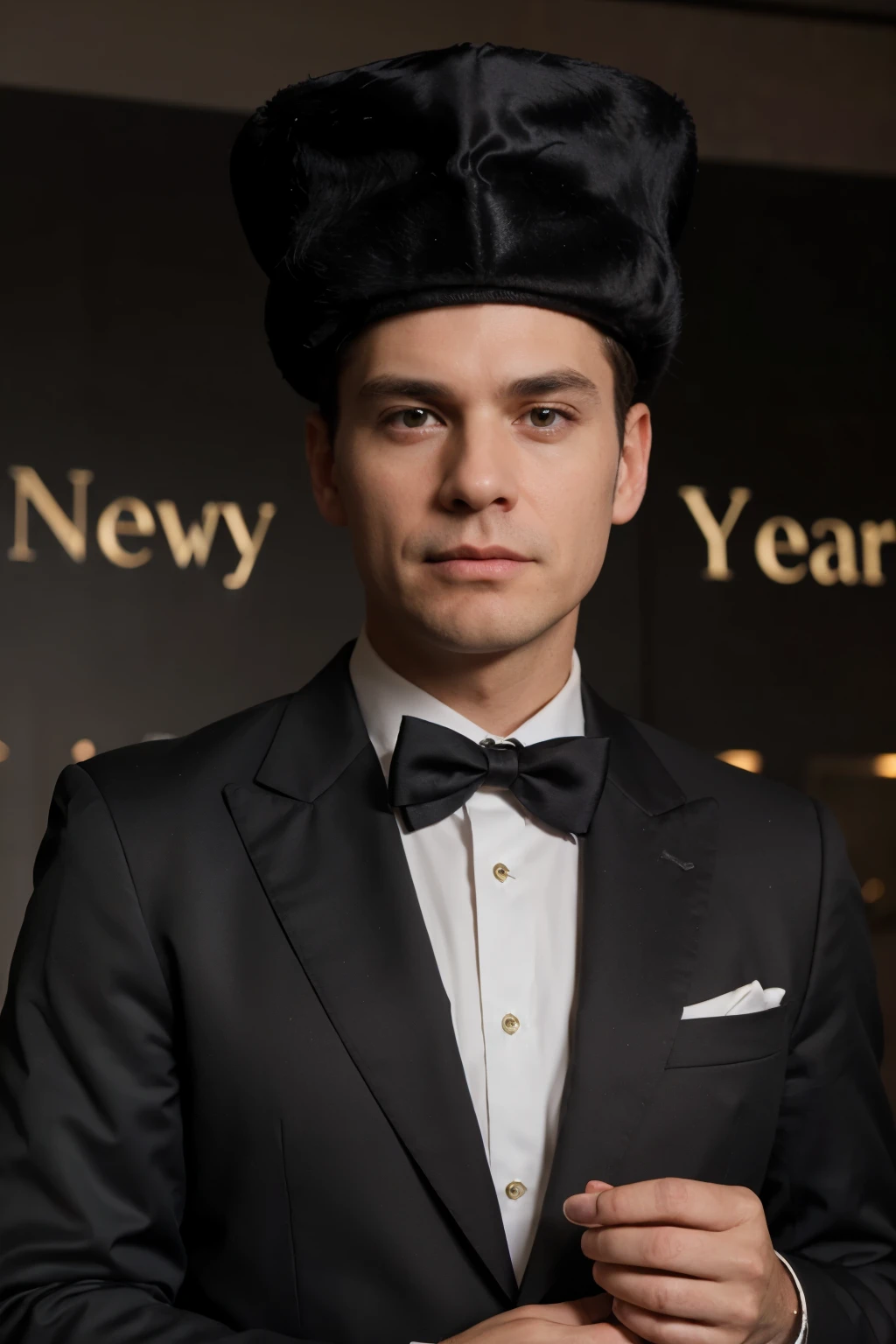 A rich bald man in a New Year's hat in a black classic suit with the inscription XTRIKS, scatters dollars close-up