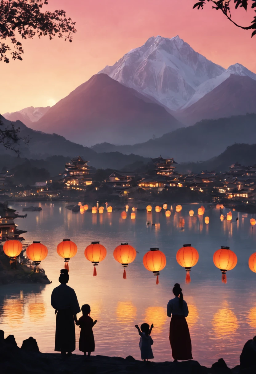 Traditional New Year's lantern festival in an East Asian hometown, river with floating lanterns, silhouette of mountains in the background, full moon, families gathering, (traditional attire:1.2) (soft ambient light) (colorful lantern glow) (serene atmosphere) (4k resolution)