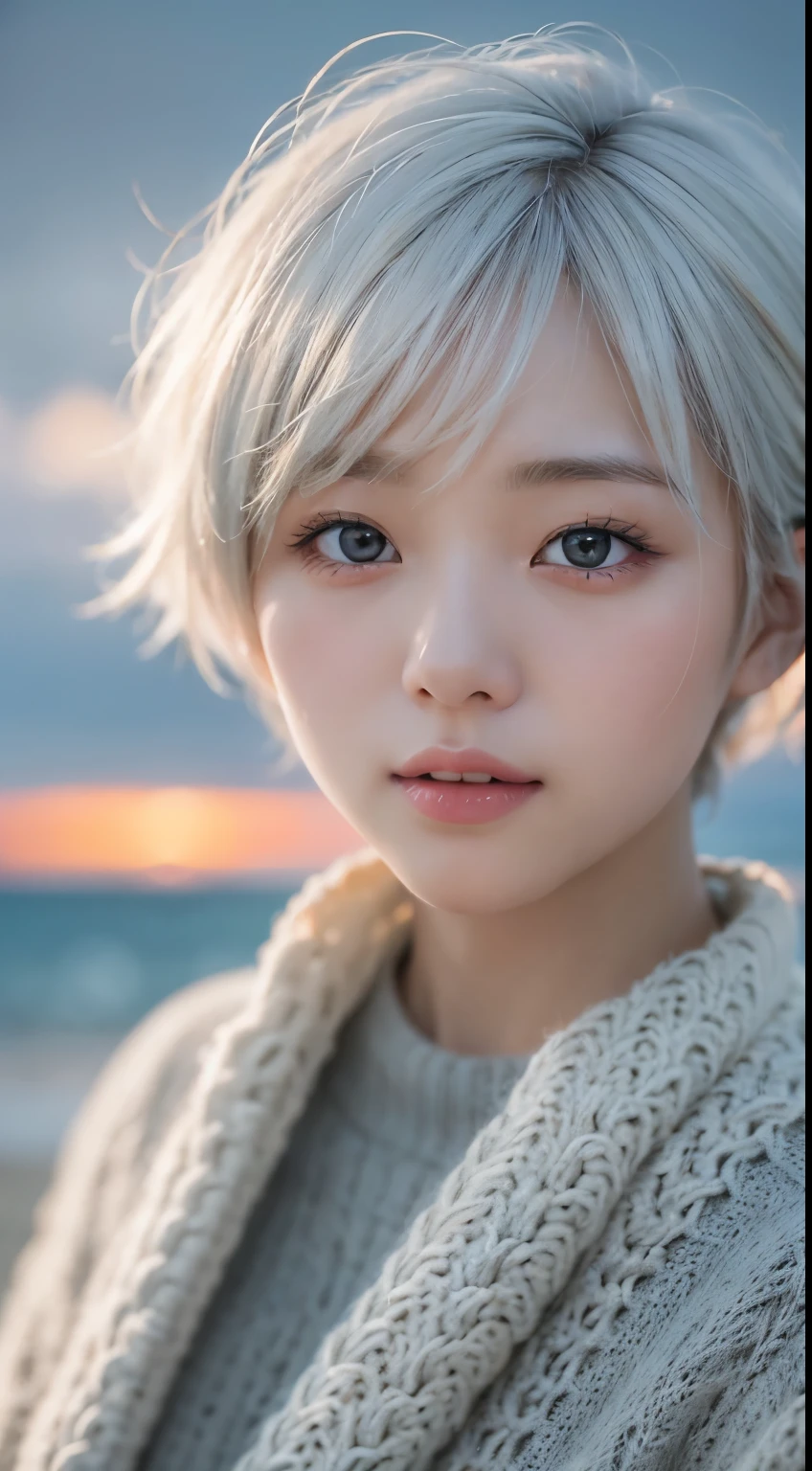 in the beach, sunset over the sea, japanese girl, wniter knit sweater, pupils sparkling, silver short hair, realistic Portrait, depth of field, f/1.8, anatomically correct, textured skin, super detail, high details, high quality, super detail, high details, high quality, best quality, highres
