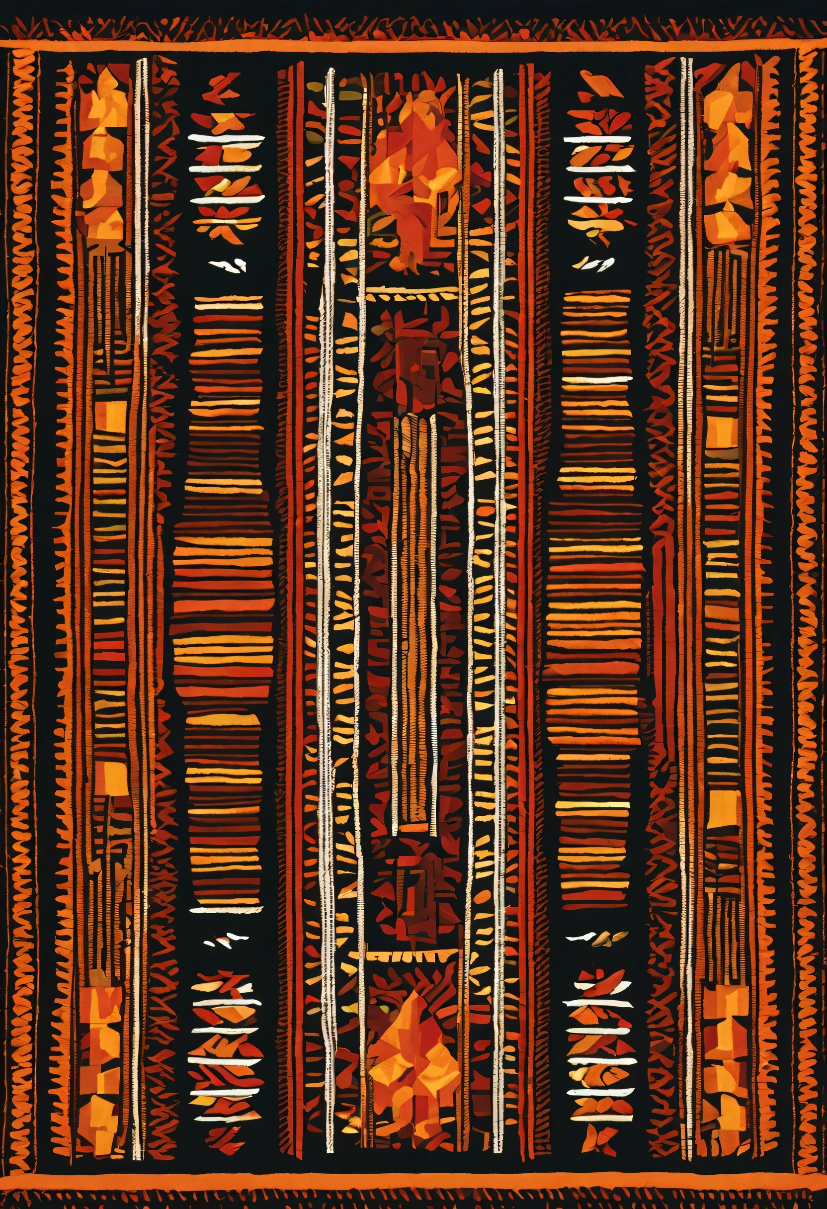 pattern of embroidery in Kaross style rectangular in form, African Swazi style, savanna sunset, no people