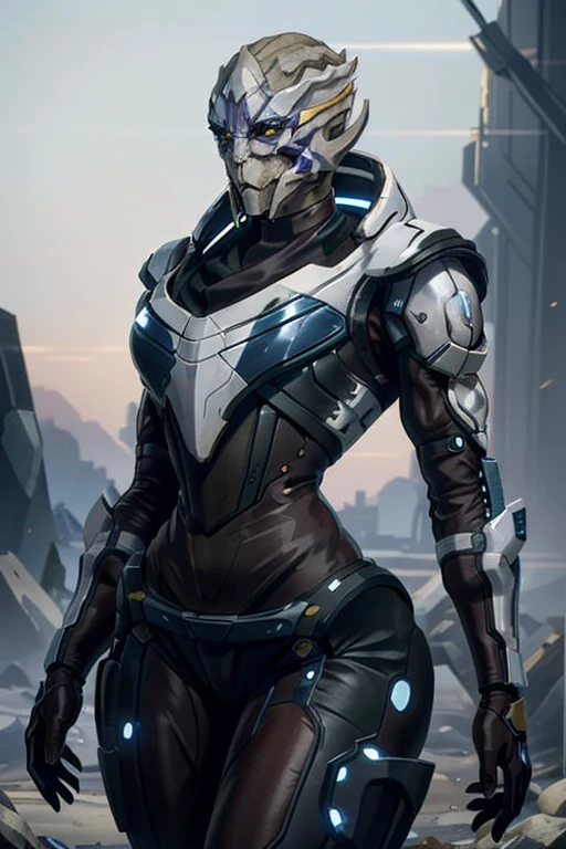 (masterpiece, best quality) armor, yellow eyes, alien, VetraMEA, solo, official alternate costume, glowing, science fiction, wide hips, thick thighs