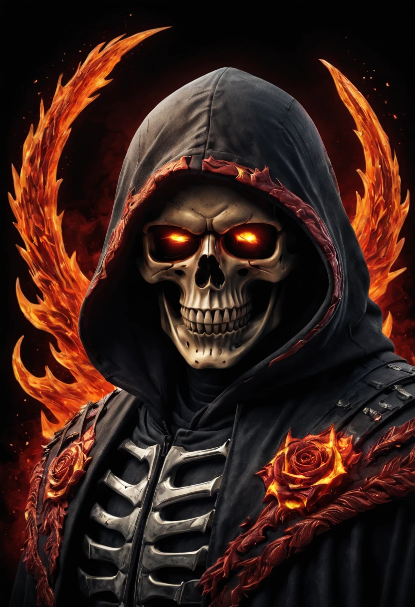 a close up of a skull with a hood and a cape, flaming grim reaper, beautiful male god of death, ghost rider, fiery skull contemplating life, glowing red skull, grim reaper, the grim reaper, 8 k highly detailed ❤🔥 🔥 💀 🤖 🚀, flaming skull, the king of death, evil death, dark but detailed digital art design,t shirt design,beefy style,design only,white background,no model,professional,high contrast,high-res,ultra-detailed,vivid colors,metallic accents,sharp focus,edgy,dynamic composition,gritty texture,rough brush strokes,mechanical elements,chrome effect,classic typography,retro style,distressed look,aggressive lines and curves,3D rendering,striking visual impact,dark shadows,strong branding presence,monochromatic palette,industrial aesthetic, helmet samurai /imagine prompt: skull fire with gun llustration for a logo with a black background, in bold outline style, jagged edges, trashcore, light shading --v 5.2