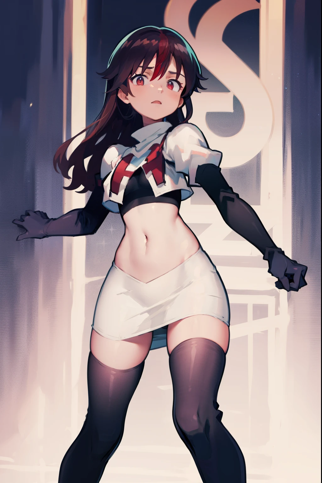 rosariarnd, team rocket,team rocket uniform, red letter R, white skirt,white crop top,black thigh-highs,black elbow gloves