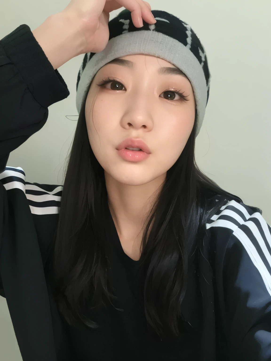 cropped woman with long hair and black and white striped hat, Mulher sul-coreana bonita, Heonhwa Choe, TaeJune Kim, wan adorable korean face, Sangsoo Jeong, Jaeyeon Nam, Parque Ji-min, linda mulher coreana jovem, with very thin lips, Asian face, young adorable korean face, Ulzzang, korean symmetrical face