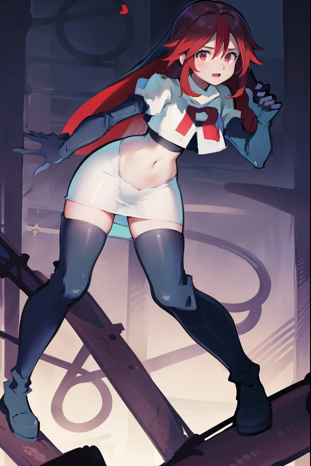 rosariarnd, team rocket,team rocket uniform, red letter R, white skirt,white crop top,black thigh-highs,black elbow gloves