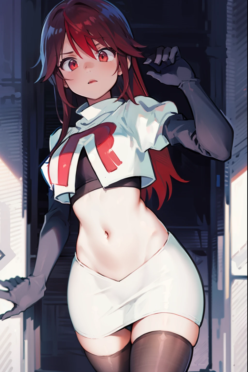 (masterpiece, best quality:1.2), cowboy shot, solo, 1girl, sonia, looking at viewer, side ponytail, heart hair ornament, team rocket,team rocket uniform,white skirt,crop top,black thigh-highs,black elbow gloves
