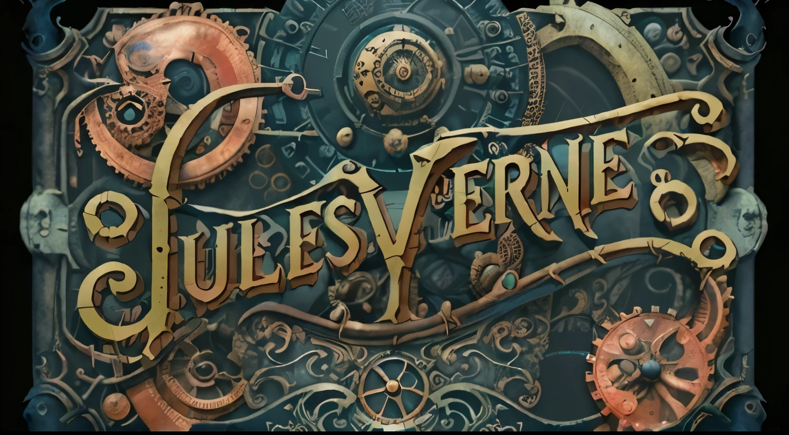 steampunk seapunk book cover titled 'Jules Verne', masthead headline word "Jules Verne", gothic font, gothik dark background. hd, 4k, grave inscription, undersea creatures, photo, typography