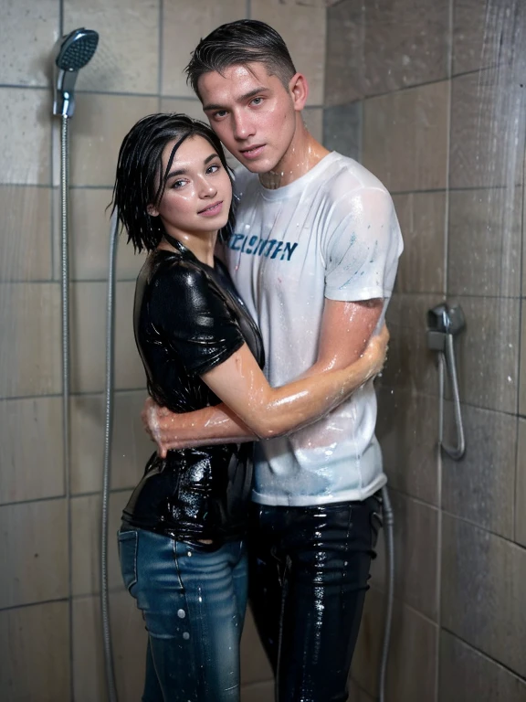 (((young man and woman taking a shower))), skinny jeans, (Water-soaked clothing:1.17), (Best Quality,high resolution,bokeh:1.2),Pronounced wrinkles,Bob haircut,Detailed eyes and face,tshirt,(standing:1.0),(gloomy ecstasy:1.1), Posing, standing in a shower SoakingWetClothes, black Dark Maretn boots, show boots, jeans are wrinkled from wetness, ((hugging))