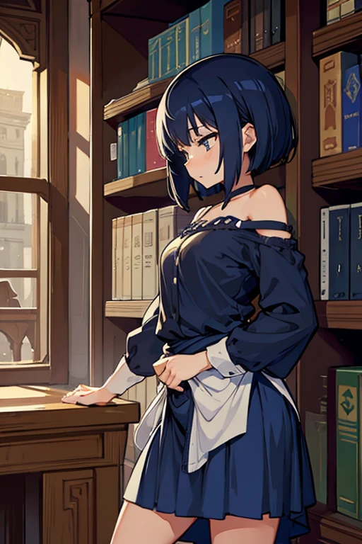make a short girl with dark blue hair in a long skirt have sex with a penis in a library