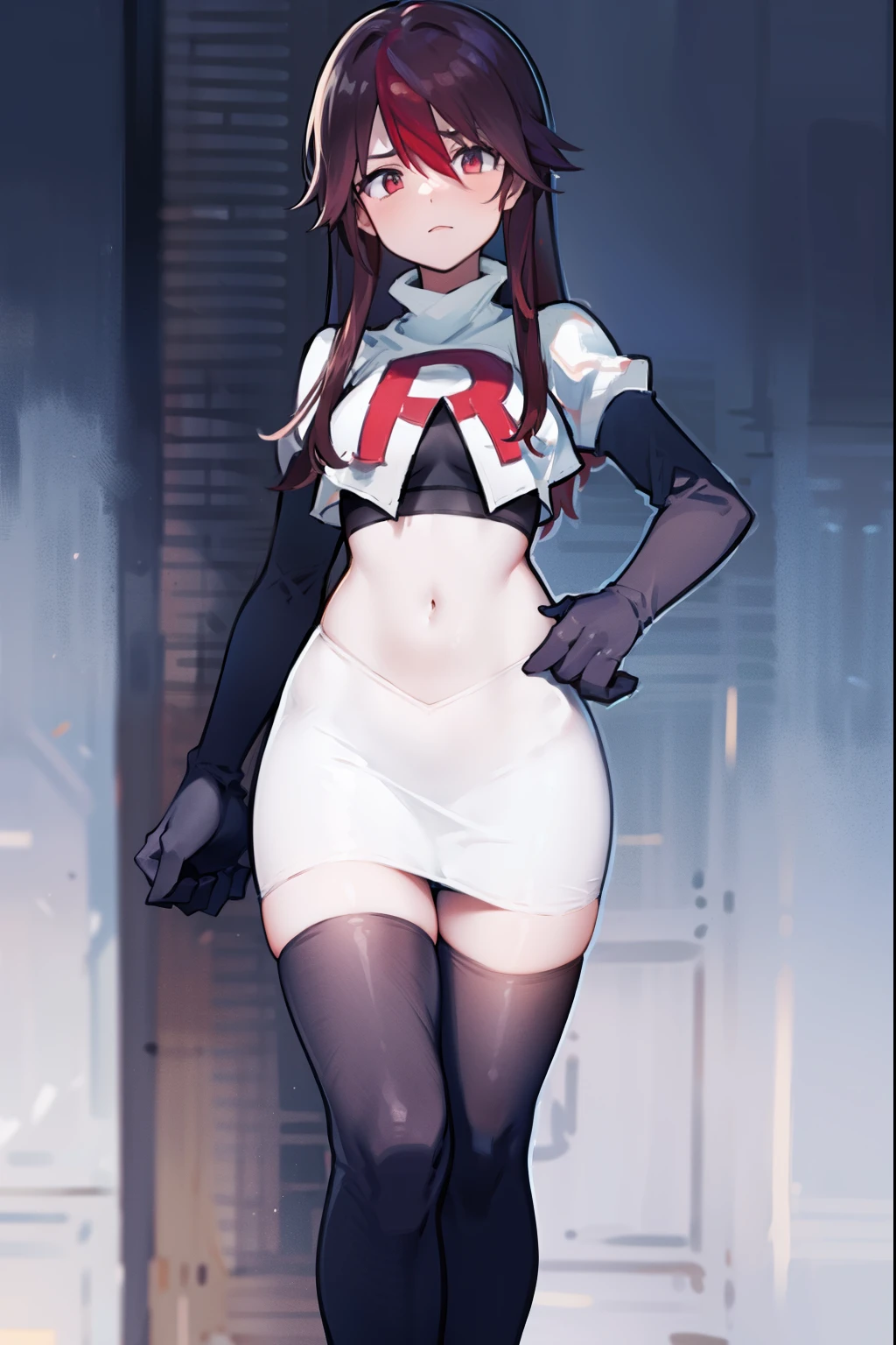 rosariarnd, team rocket,team rocket uniform, red letter R, white skirt,white crop top,black thigh-highs,black elbow gloves