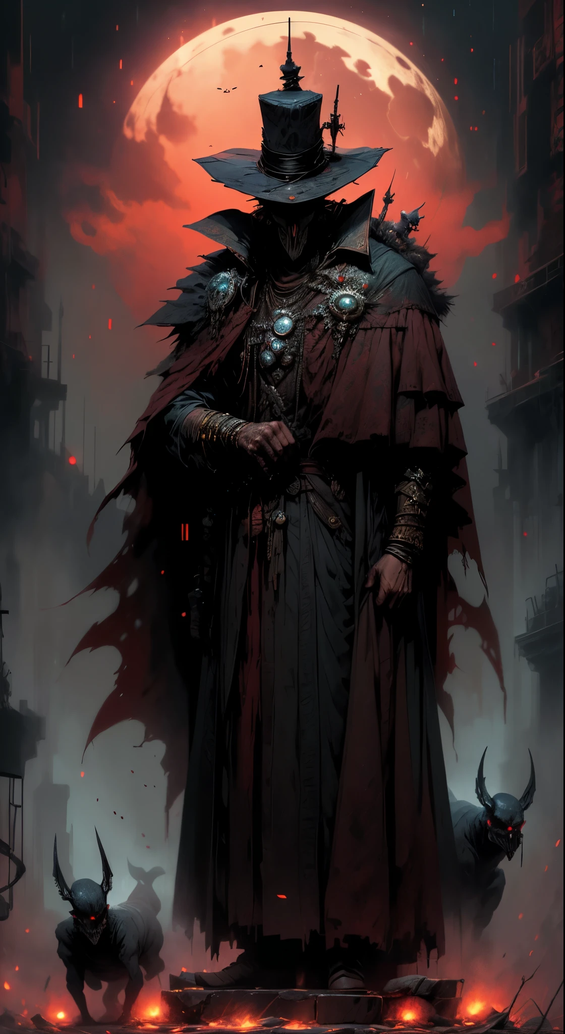 (comical,A high resolution,super-fine),(Vampires),(((Red glowing eyes)))looks into camera,Evil eyes in the shadows,Clear facial features,(Top hat),Vampire fangs exposed,Wear gorgeous gothic dresses,Silvery hair,rosette,Skull decoration,the bats,The body is surrounded by red mist,rays of moonlight,Kingly temperament,cinematic rim light,The light is delicate,tmasterpiece,ultra - detailed,Epic composition,Super HD,high qulity,HighestQuali,32K