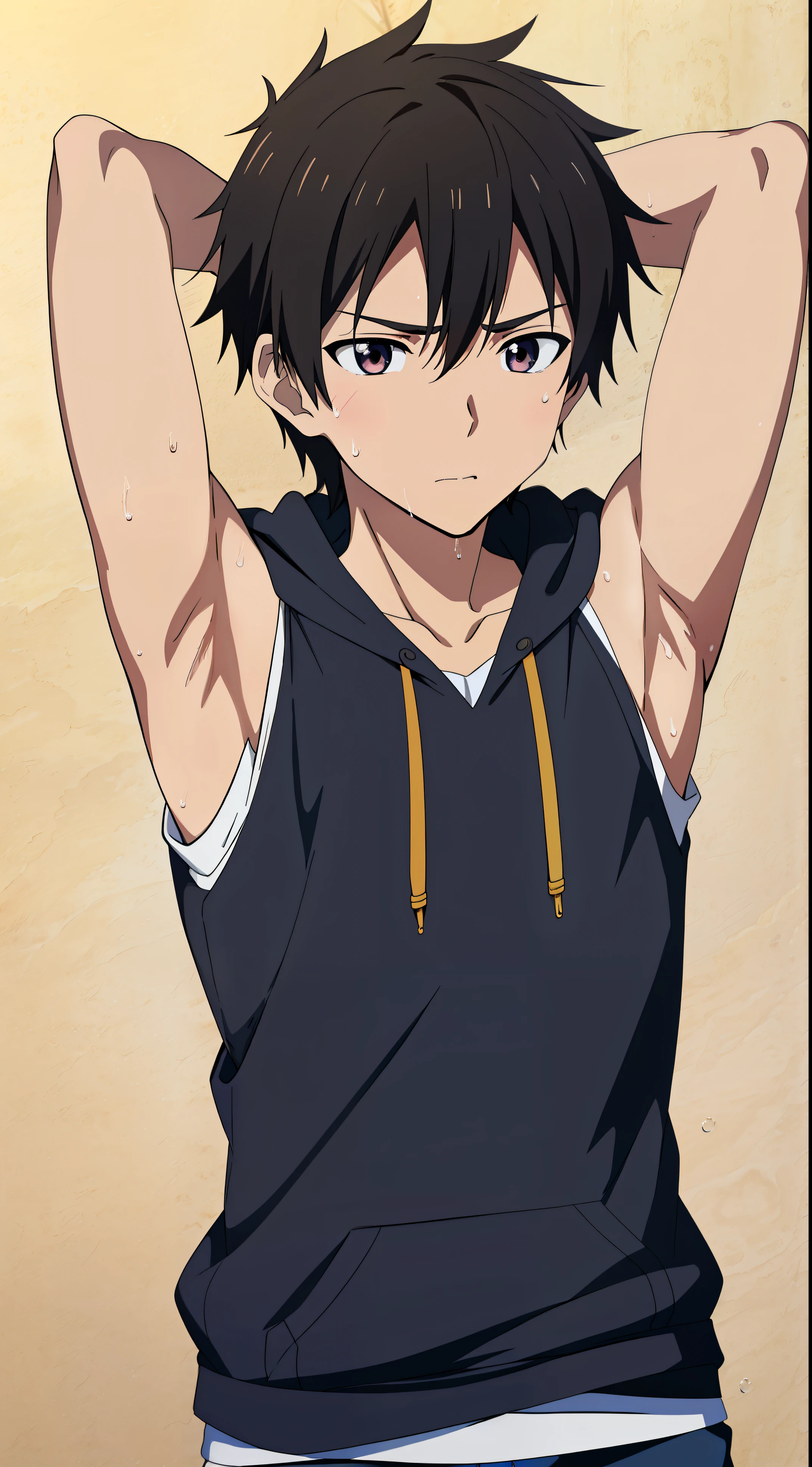 Highres, Masterpiece, Best quality at best,Best Quality,hight quality, hight detailed, 1boy, Brown hair, messy hair, Shota, Sweat, Sleeveless hoodie, upper body, Depth of field, Anime Screencap Style, thin line, Sleep on the bed, Seen from above, look good boy, Cute boy, (Showing armpit:1.3), (very small and short stature), (very young boy), s, Blurry beckground