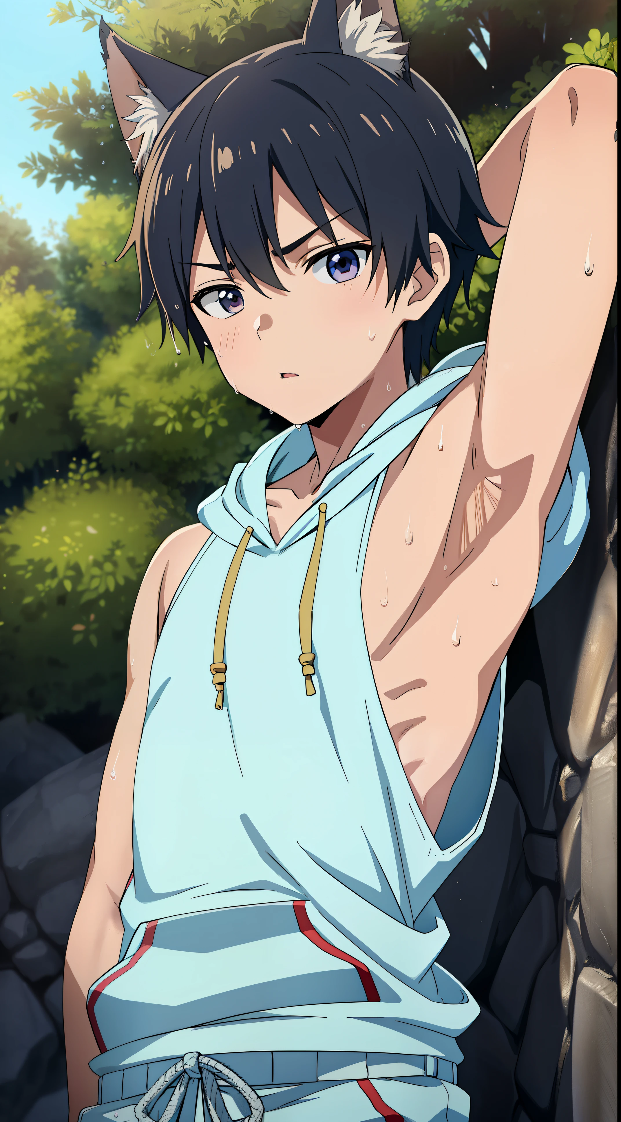 Anime style, Highres, Masterpiece, Best quality at best,Best Quality,hight quality, hight detailed, 1boy, Dog ear, ( boys), (Showing armpit:1.3), (Wet armpit), sweating, shota, outdoors, Sleeveless hoodie, seductive pose, cute boy, upper body, slim body, (very small and short stature), (very young boy), (very small and short body)