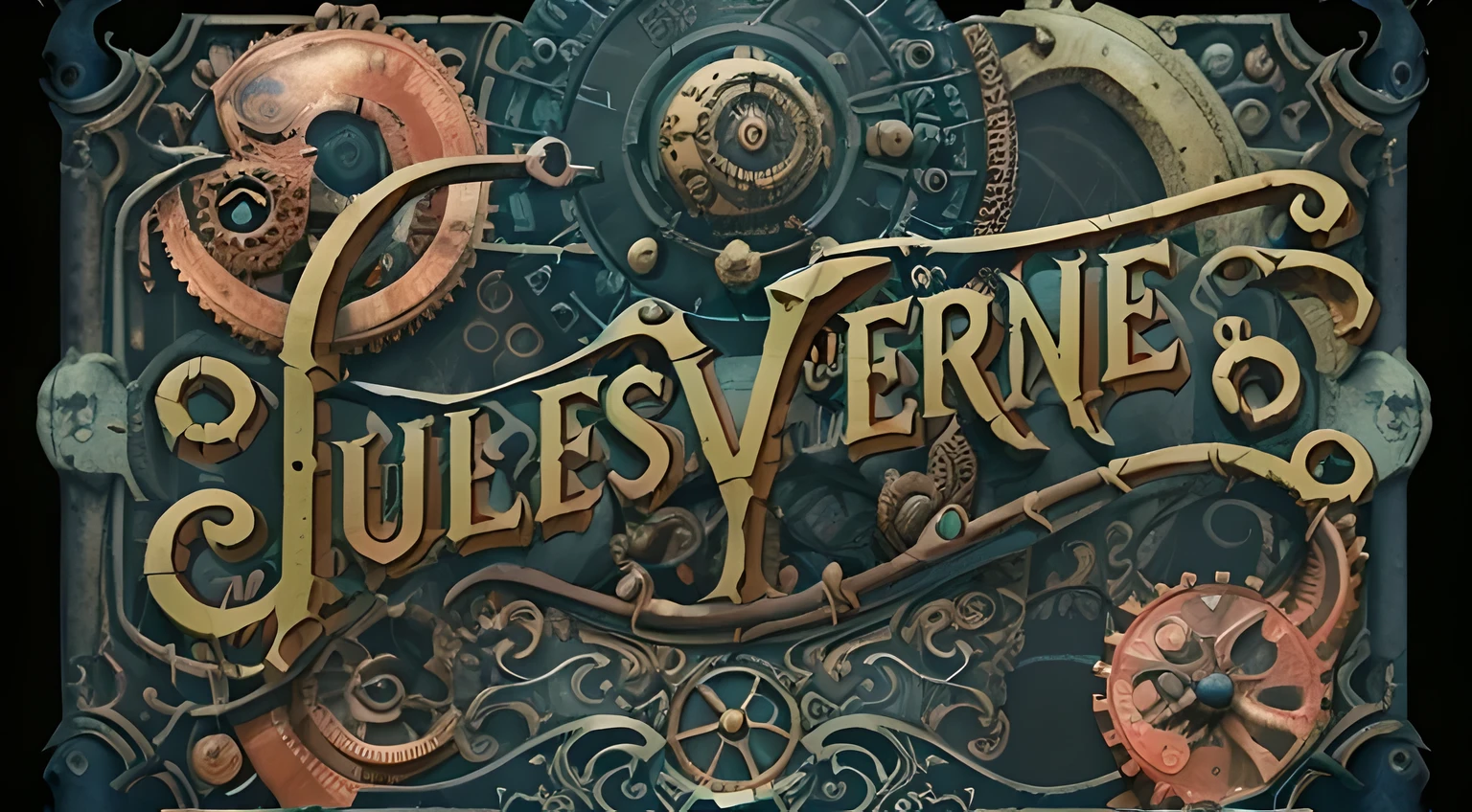 steampunk seapunk book cover titled 'Jules Verne', masthead headline word "Jules Verne", gothic font, gothik dark background. hd, 4k, grave inscription, undersea creatures, photo, typography