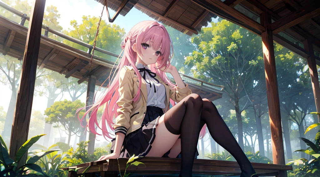 Beautiful jungle tree house,Cinematic, (tmasterpiece),A vibrant，light yellow jacket，White color blouse，a black skirt，one-girl，solo，Pink Long Hair，gentleness，Medium-hair long，hair straight，Anime style 4k, Black stockings，Mitsukasa Ayase、full bodyesbian，sitting in park，Character-centric