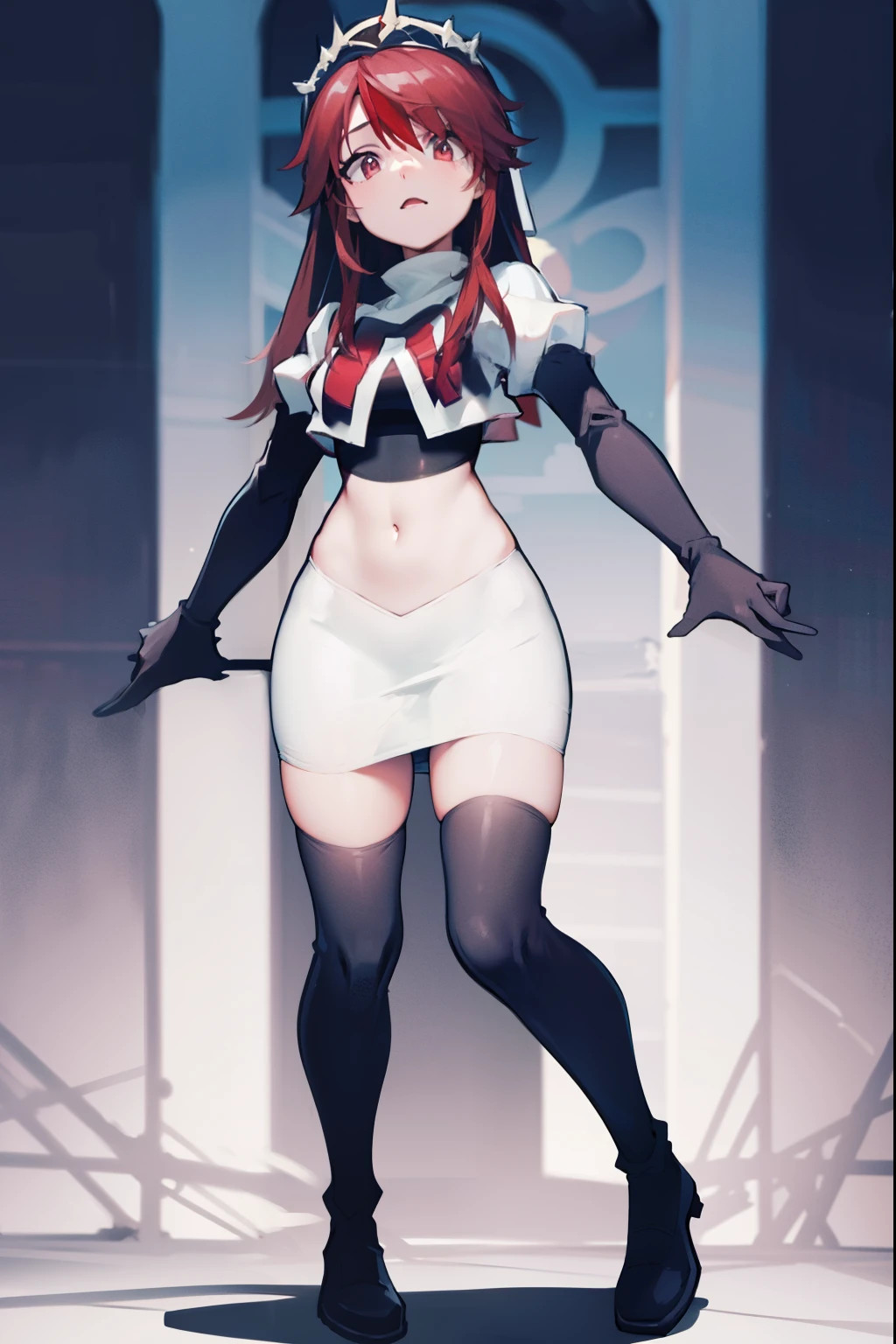 rosariarnd, team rocket,team rocket uniform, red letter R, white skirt,white crop top,black thigh-highs,black elbow gloves