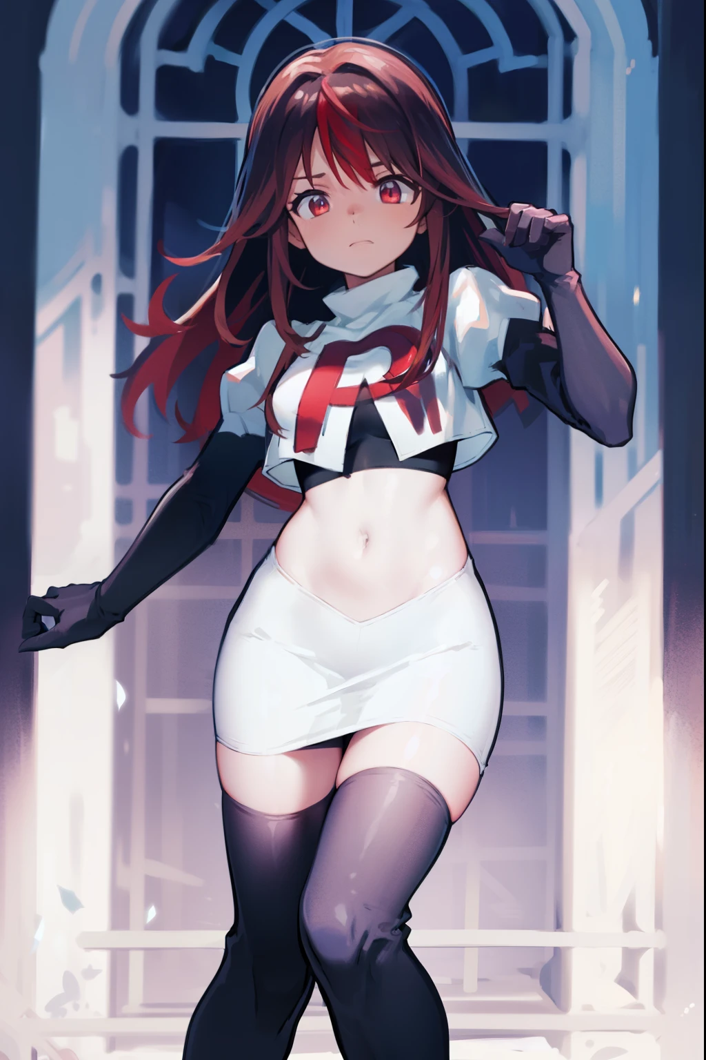 Brown hair,blue eyes,short hair,double tail,Red headscarf,sexy black lingerie,Xiaoyao【Pokémon】blush,smile,medium breasts,sexy miniskirt leather shorts, long legs, black high heel platform sandals, Full body photo,bedroom background, standing, idle