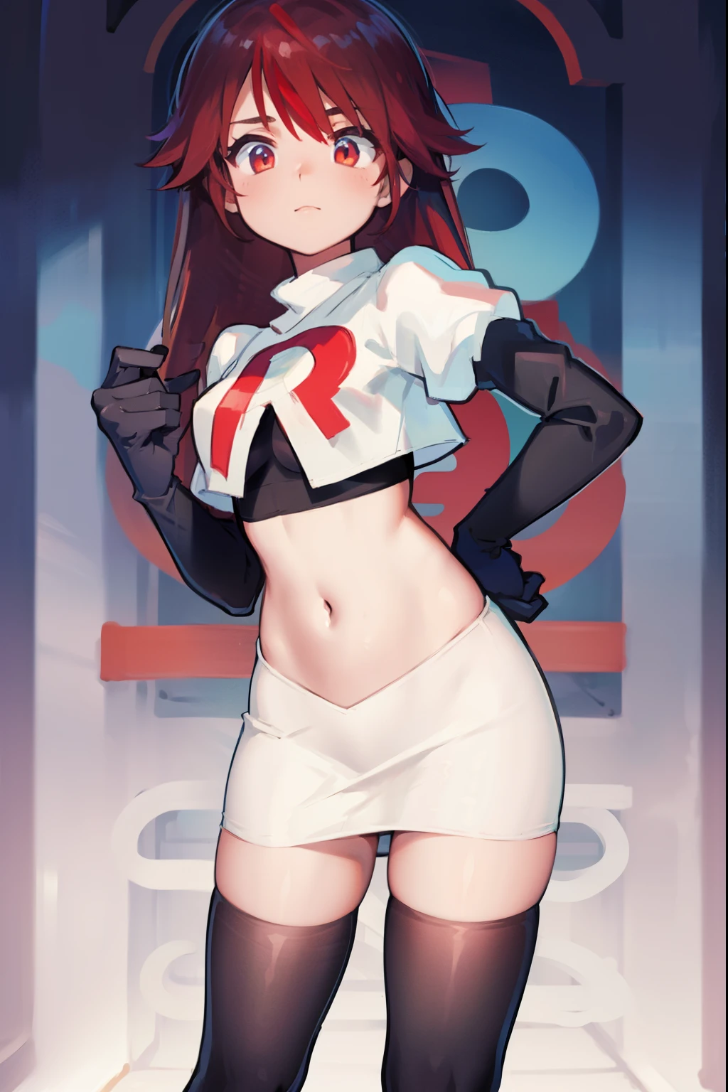 rosariarnd, team rocket,team rocket uniform, red letter R, white skirt,white crop top,black thigh-highs,black elbow gloves