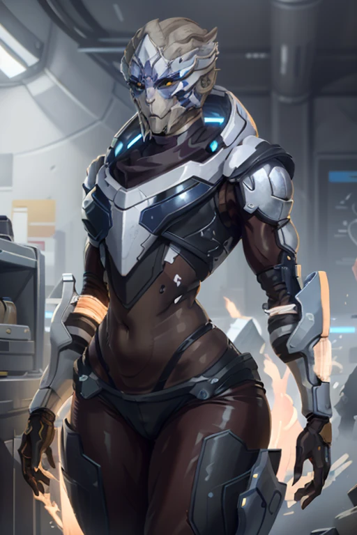 (masterpiece, best quality) armor, yellow eyes, alien, VetraMEA, solo, official alternate costume, glowing, science fiction, wide hips, thick thighs, thick