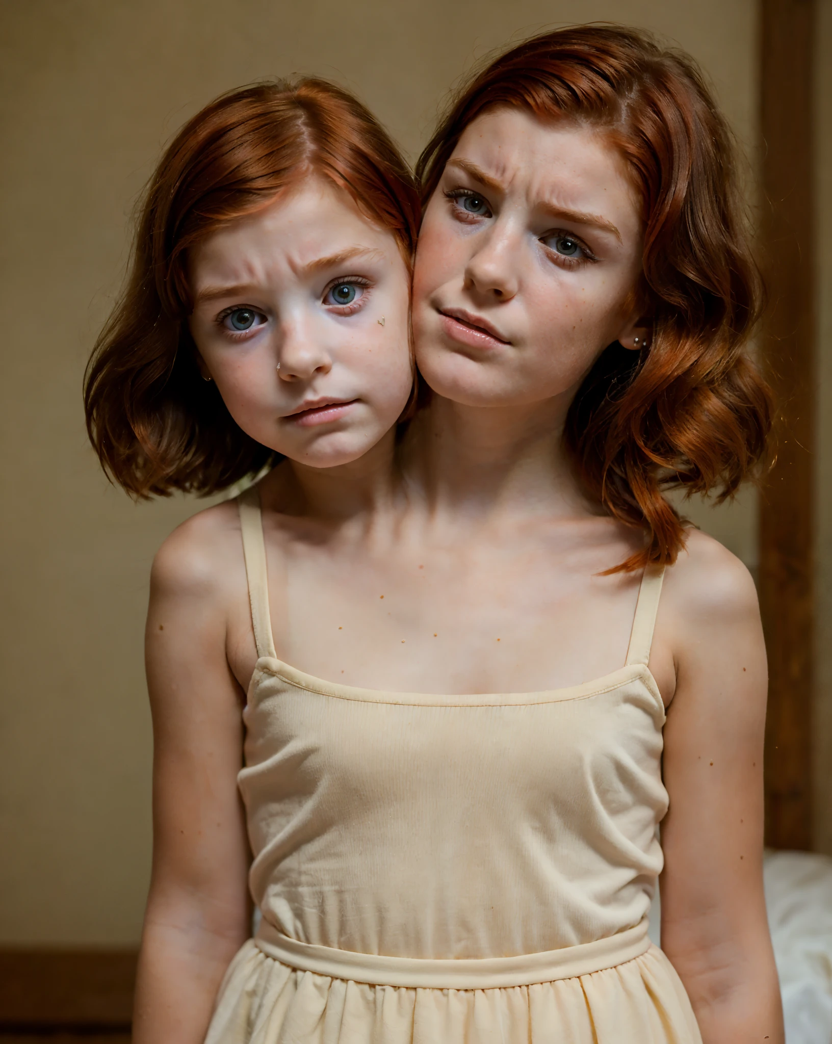 2heads, two headed girl, (a 5 year old child and a 17 year old girl:1.5), (uncomfortable and annoyed:1.2), (a redhead and a brunette:1.3)