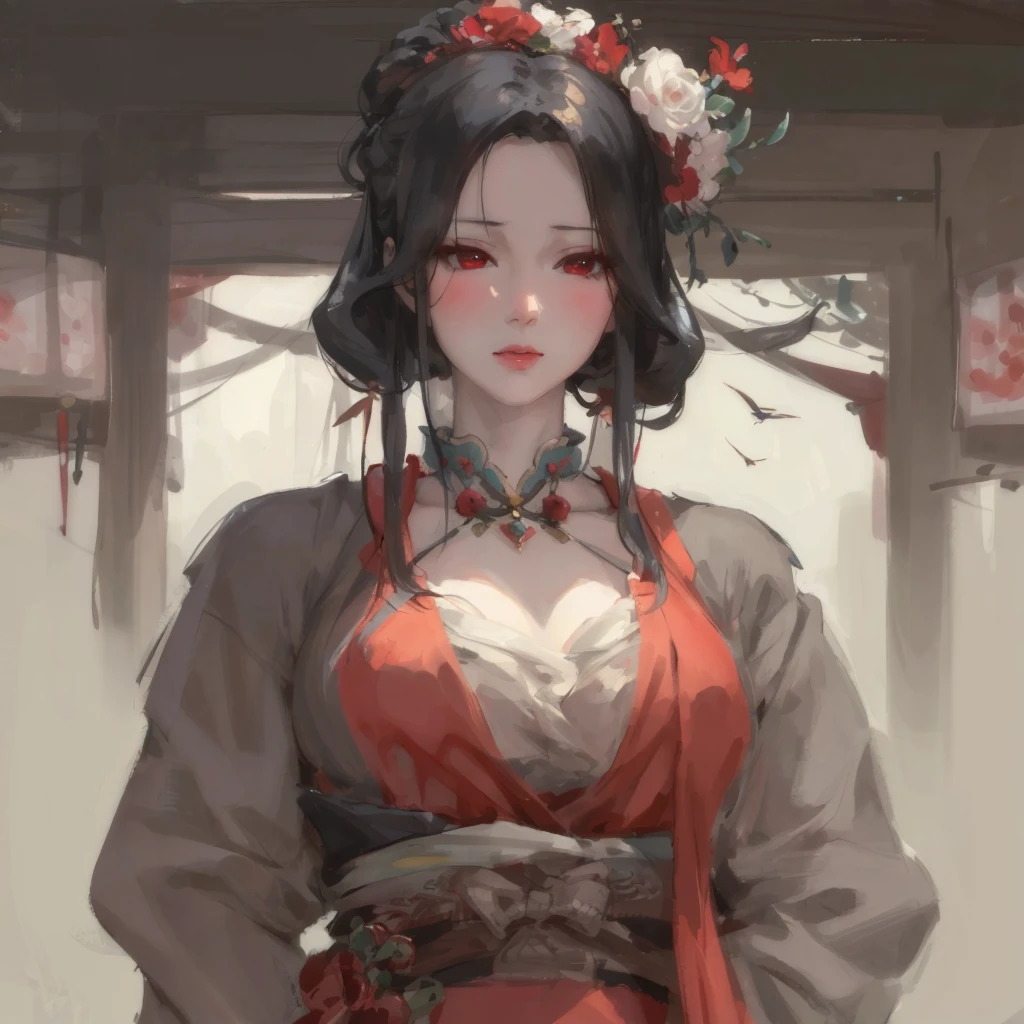 One dressed in red、Close-up of a woman with a flower in her hair, Guviz-style artwork, guweiz, A masterpiece by Guvitz, Belle peinture de personnage, 宮 ， A girl in Hanfu, guweiz on artstation pixiv, guweiz on pixiv artstation, author：heroes, by Yanjun Cheng