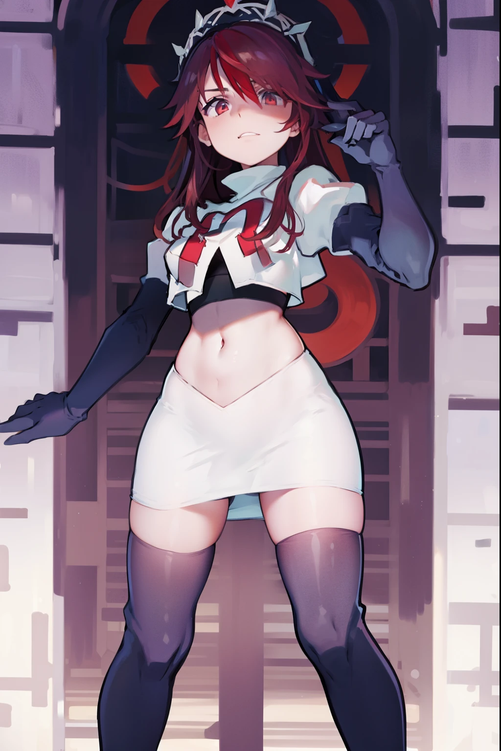 rosariarnd, team rocket,team rocket uniform, red letter R, white skirt,white crop top,black thigh-highs,black elbow gloves