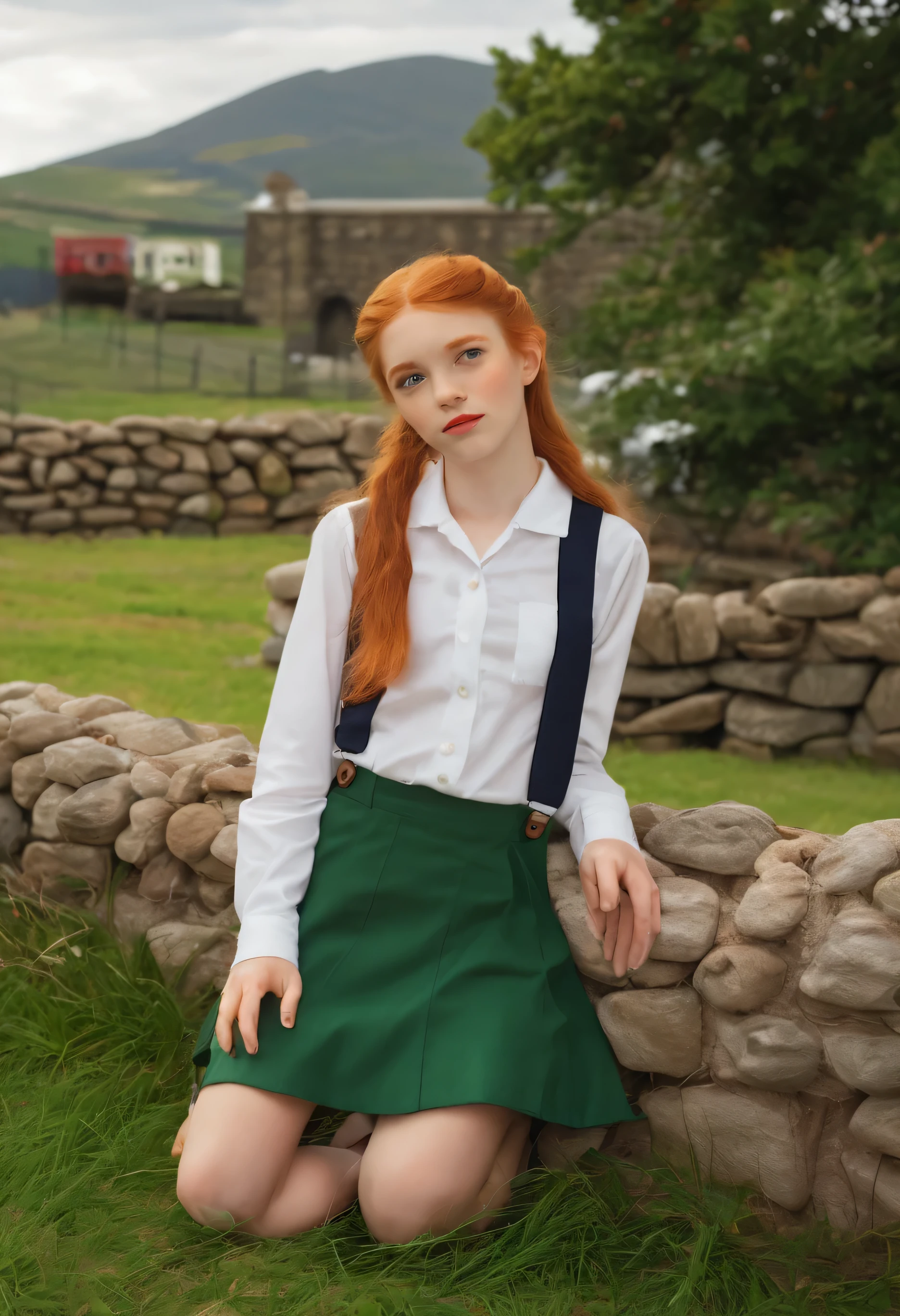 UHD, UHD, masterpiece, high details, highres, HD, HD, HD, 4K, highres two irish girls one has fair skin green eyes long red hair small freckles on face arms and legs her name is mary. mary has on a white short sleeve button down top, and a green school uniform skirt she has bare feet the othere girls name Emma she has long blond hair blue eyes she has on green plaid skirt and a white button down top and bare feet they are lying on a plade blanket in a pasture of glover there is a stone wall in the back grownd, sparkling eyes, naughty face, red lips, red hair, mole under eye, mole under eye,