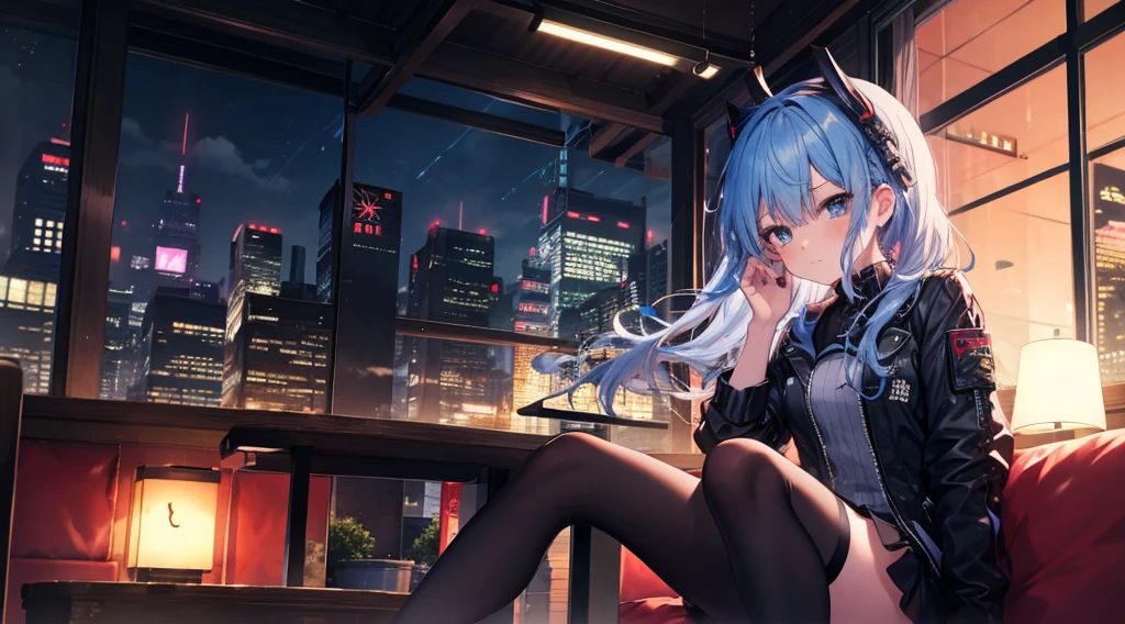 one-girl,byself,Girl with medium straight blue hair,dishiveredhair,hair straight,blue color eyes,cyber punk personage,the night,beside a window , night city background,Digital punk, Anime style 4k, Short-sleeved game suit,sit in a gaming chair,in a bedroom,Computer,black pantyhoses,hoshimachisuisei, suisei hoshimachi、The character is centered