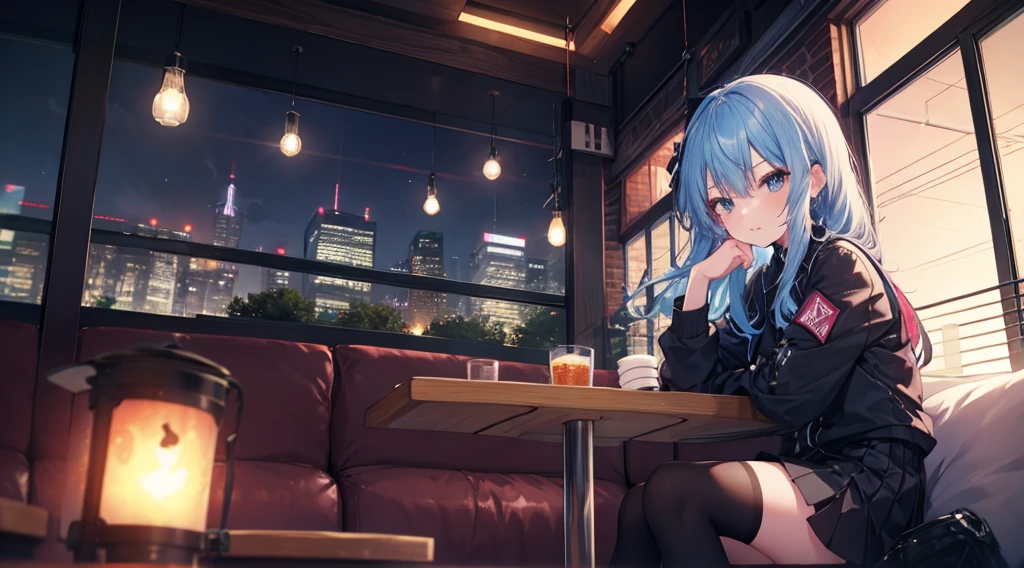 one-girl,solo,blue long hair,Medium-hair long,dishiveredhair,Short-sleeved game suit,black short skirt,blue color eyes,cyber punk personage,natta, City background at night,Digital punk, Anime style 4k, sitting in the couch,Indoors,In the restaurant,Black stockings,Suisei Hoshimachi、Character-centric