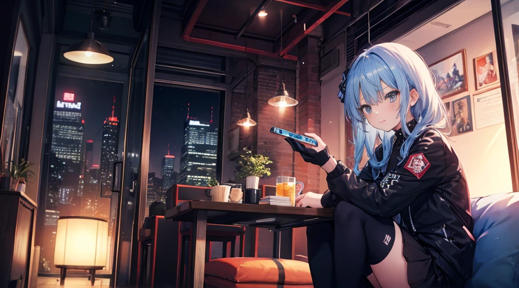 one-girl，solo，blue long hair，Medium-hair long，dishiveredhair，Short-sleeved game suit，black short skirt，blue color eyes，cyber punk personage,natta, City background at night，Digital punk, Anime style 4k, sitting in the couch，Indoors，In the restaurant，Black stockings，Suisei Hoshimachi、Character-centric