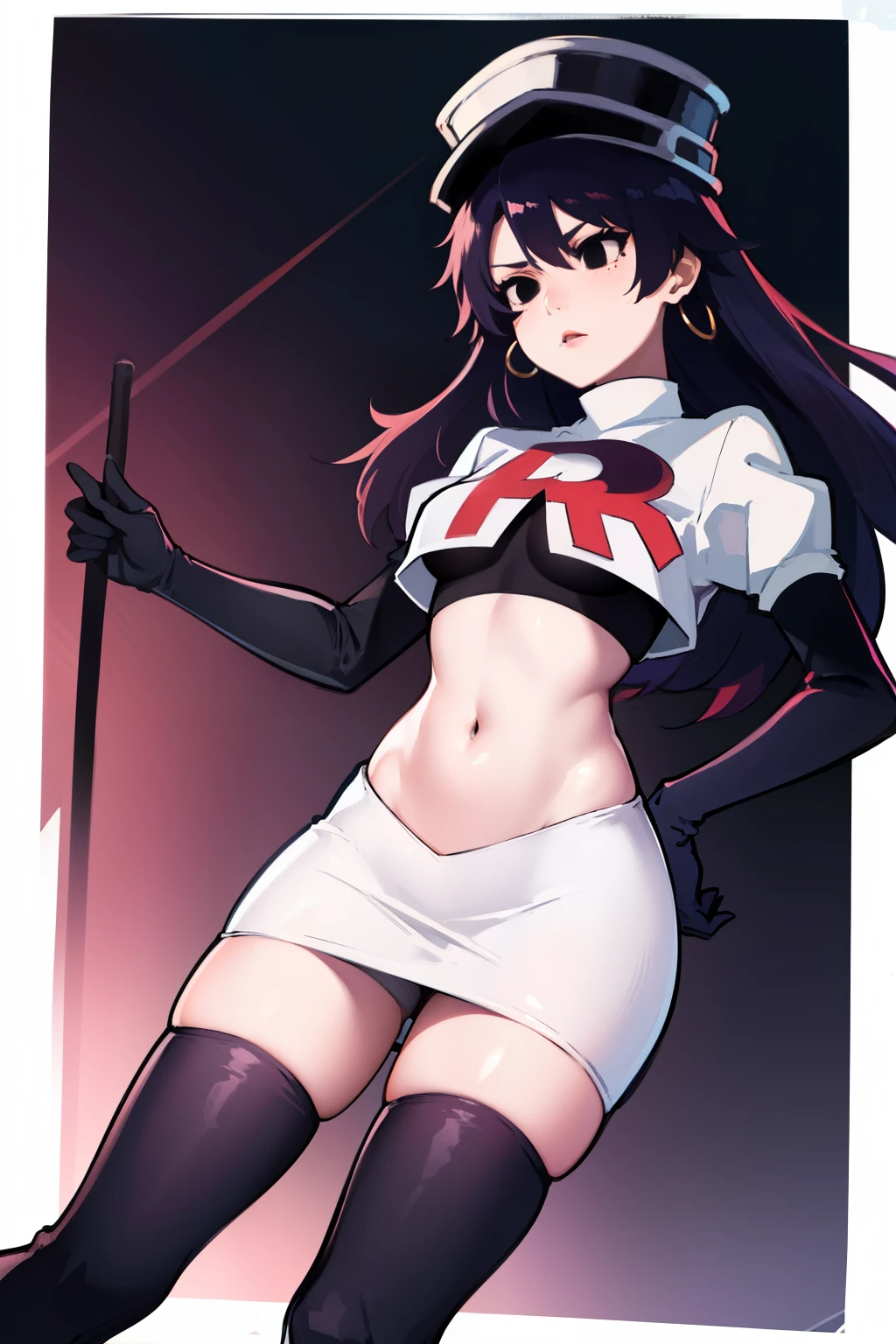 bambietta basterbine, hat, long hair, black hair, (black eyes:1.5), ,glossy lips, light makeup, eye shadow, earrings ,team rocket,team rocket uniform, red letter R, white skirt,white crop top,black thigh-high boots, black elbow gloves,