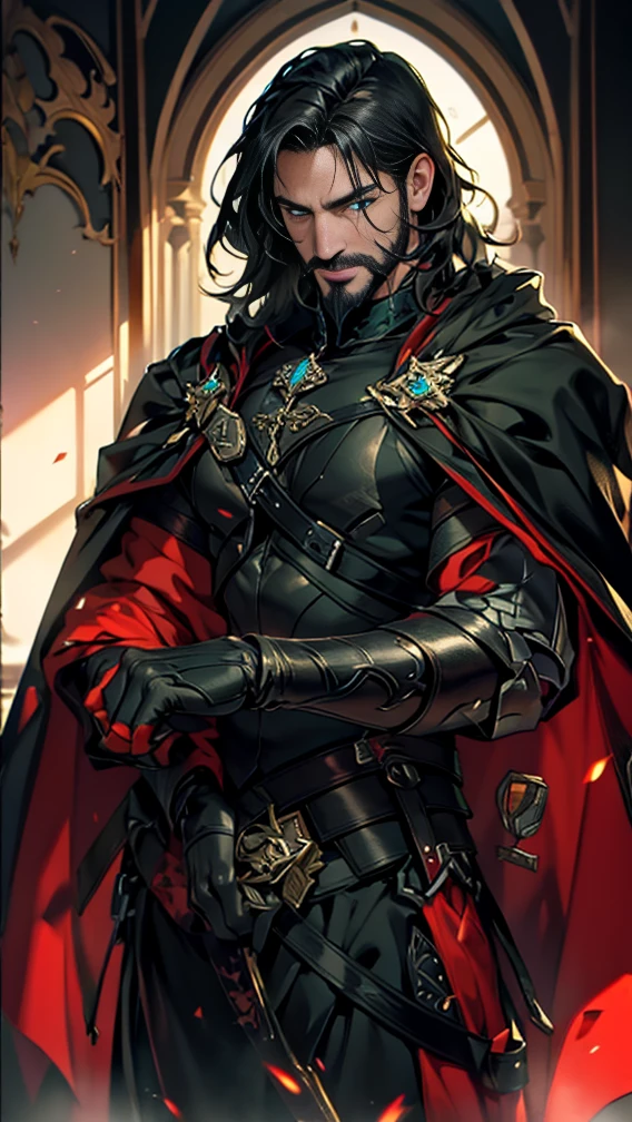 (tmasterpiece, high resolution, ultra - detailed:1.0), 1boy, Perfect male body, (General, middle-aged male:1.3, masculine face:1.3), Look at the camera, Delicate eyes and delicate face,Extremely detailed CG, Unity 8k wallpaper, Complicated details, solo person, Detailed face, (Black armor, Black hair and beard, green cloak), (frown,sinister smile), palace, color difference, Depth of field, dramatic shadow, Ray tracing, Best quality, offcial art, Portrait