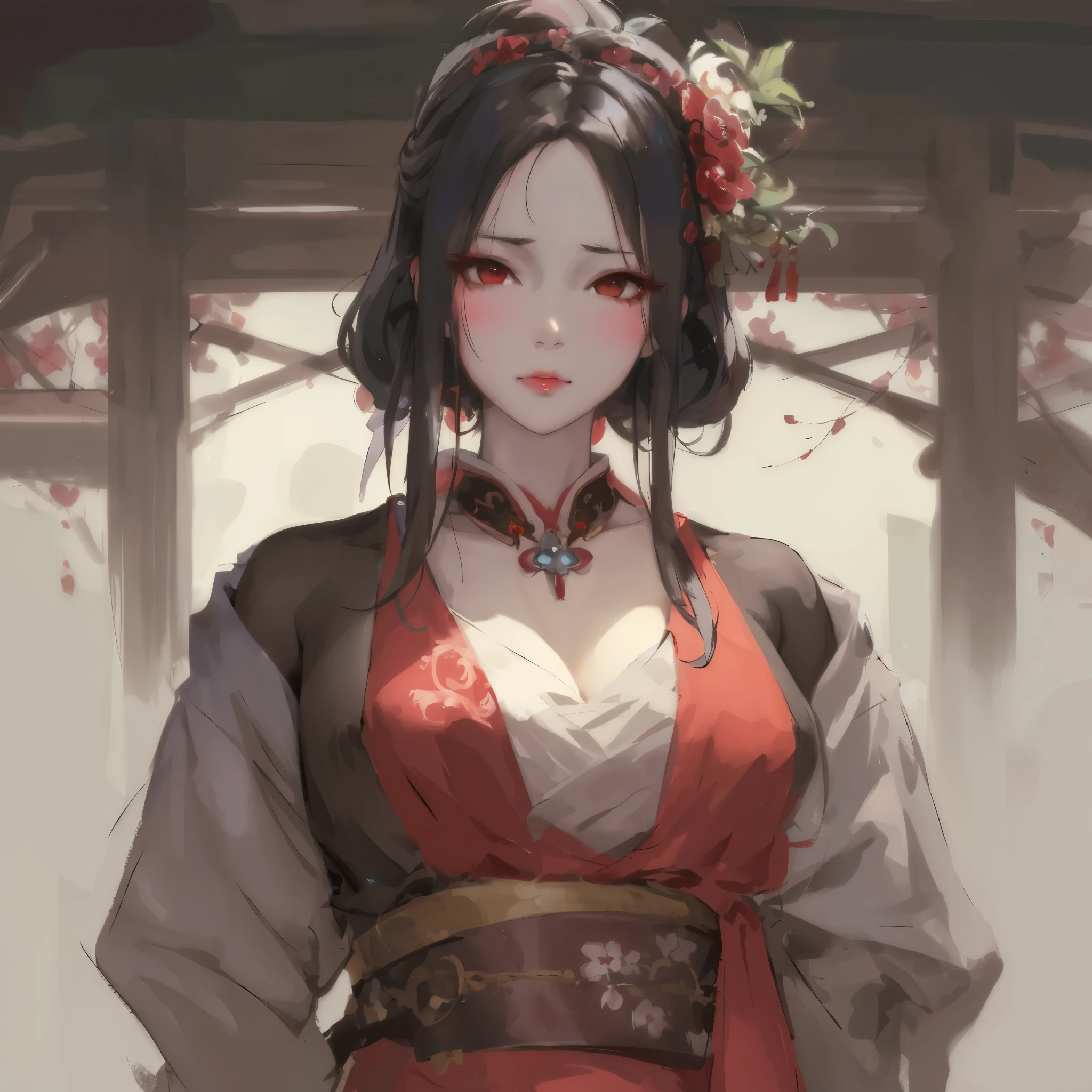One dressed in red、Close-up of a woman with a flower in her hair, Guviz-style artwork, guweiz, A masterpiece by Guvitz, Belle peinture de personnage, 宮 , A girl in Hanfu, guweiz on artstation pixiv, guweiz on pixiv artstation, author:heroes, by Yanjun Cheng