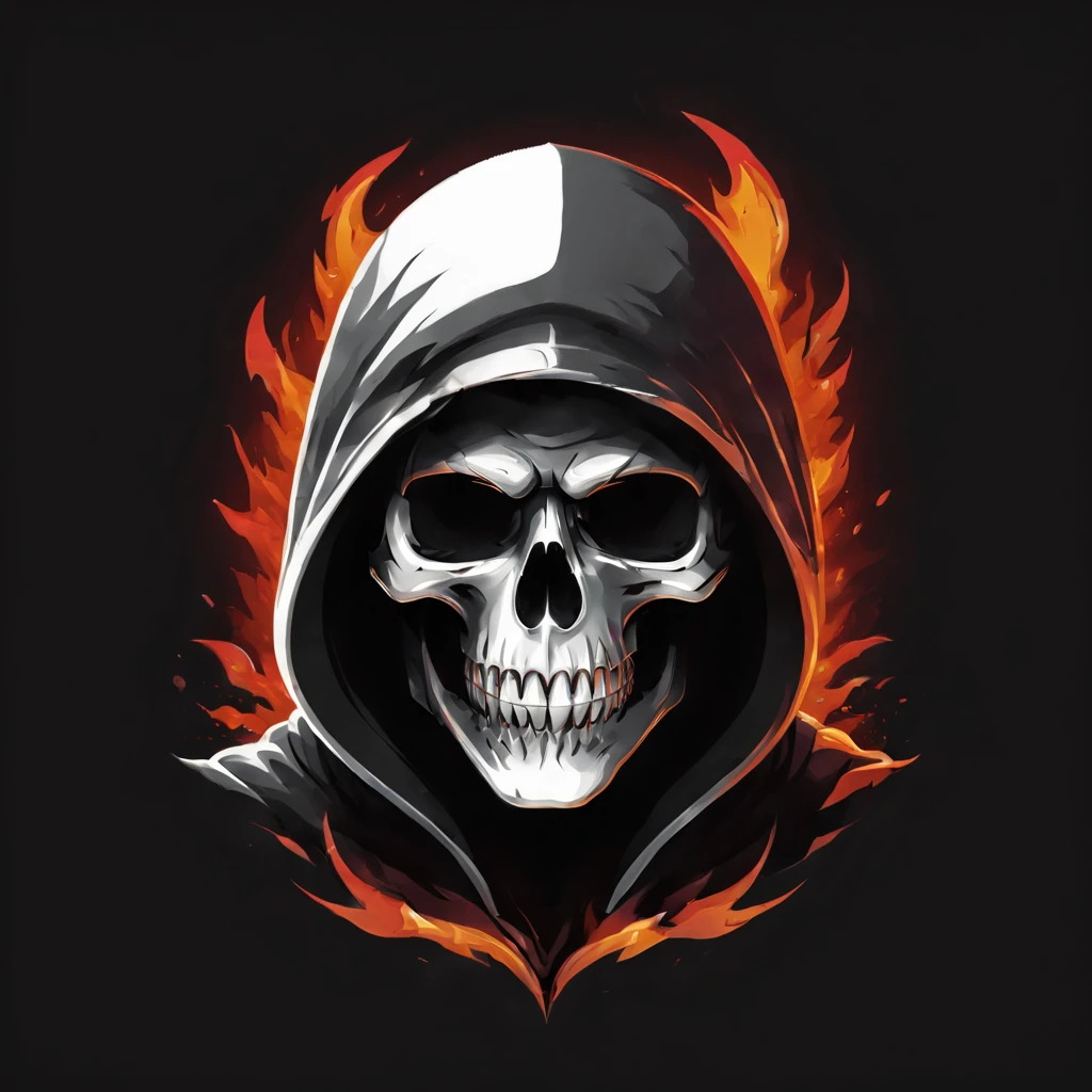 a close up of a skull with a hood and a cape, flaming grim reaper, beautiful male god of death, ghost rider, fiery skull contemplating life, glowing red skull, grim reaper, the grim reaper, 8 k highly detailed ❤🔥 🔥 💀 🤖 🚀, flaming skull, the king of death, evil death, dark but detailed digital art design,t shirt design,beefy style,design only,white background,no model,professional,high contrast,high-res,ultra-detailed,vivid colors,metallic accents,sharp focus,edgy,dynamic composition,gritty texture,rough brush strokes,mechanical elements,chrome effect,classic typography,retro style,distressed look,aggressive lines and curves,3D rendering,striking visual impact,dark shadows,strong branding presence,monochromatic palette,industrial aesthetic, helmet samurai /imagine prompt: skull fire with gun llustration for a logo with a black background, in bold outline style, jagged edges, trashcore, light shading --v 5.2