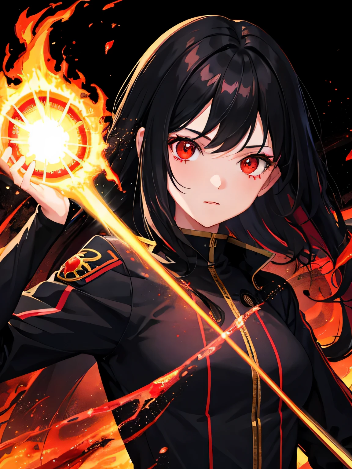 1girl, black hair, red eyes, fire witch, blood, light particles, light rays, wallpaper, high contrast, colorful,