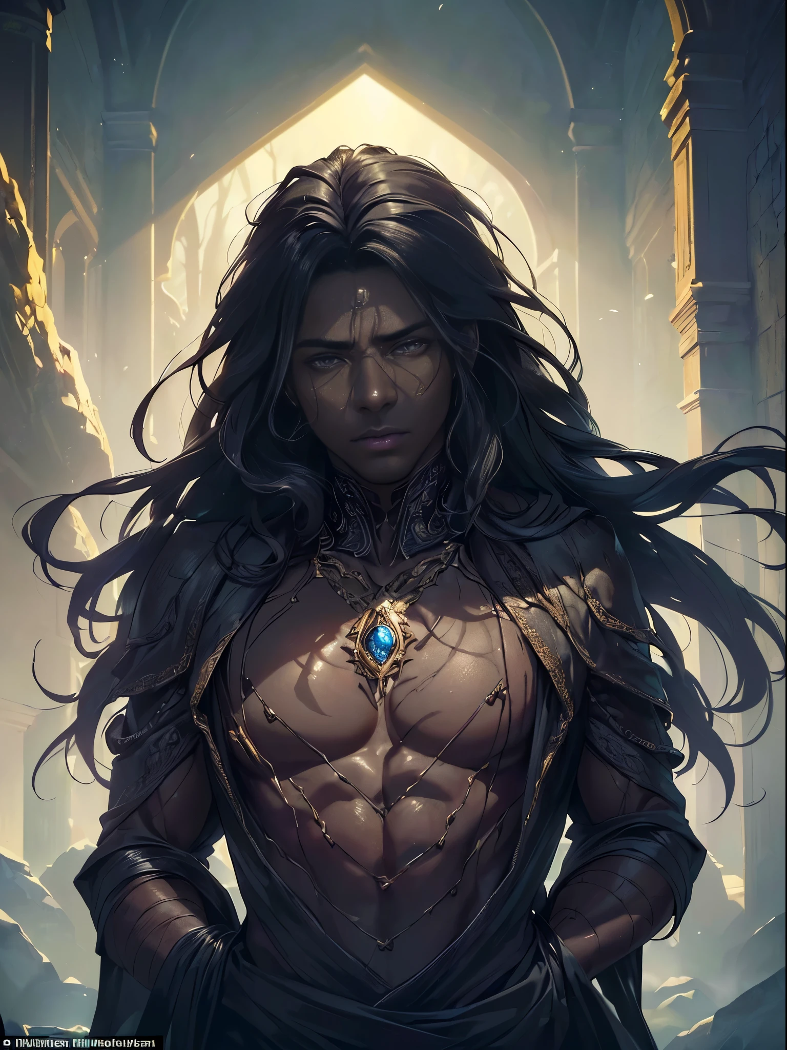 ((Quality: masterpiece, best quality, UHD, anatomically correct, photo realism, textured and detailed skin, skin pores, skin imperfections, textured and detailed hair, dramatic lighting, contrasting of light and shadows)), black skinned forest garden male mage, dark skin, African man, bright colours, flowing hair