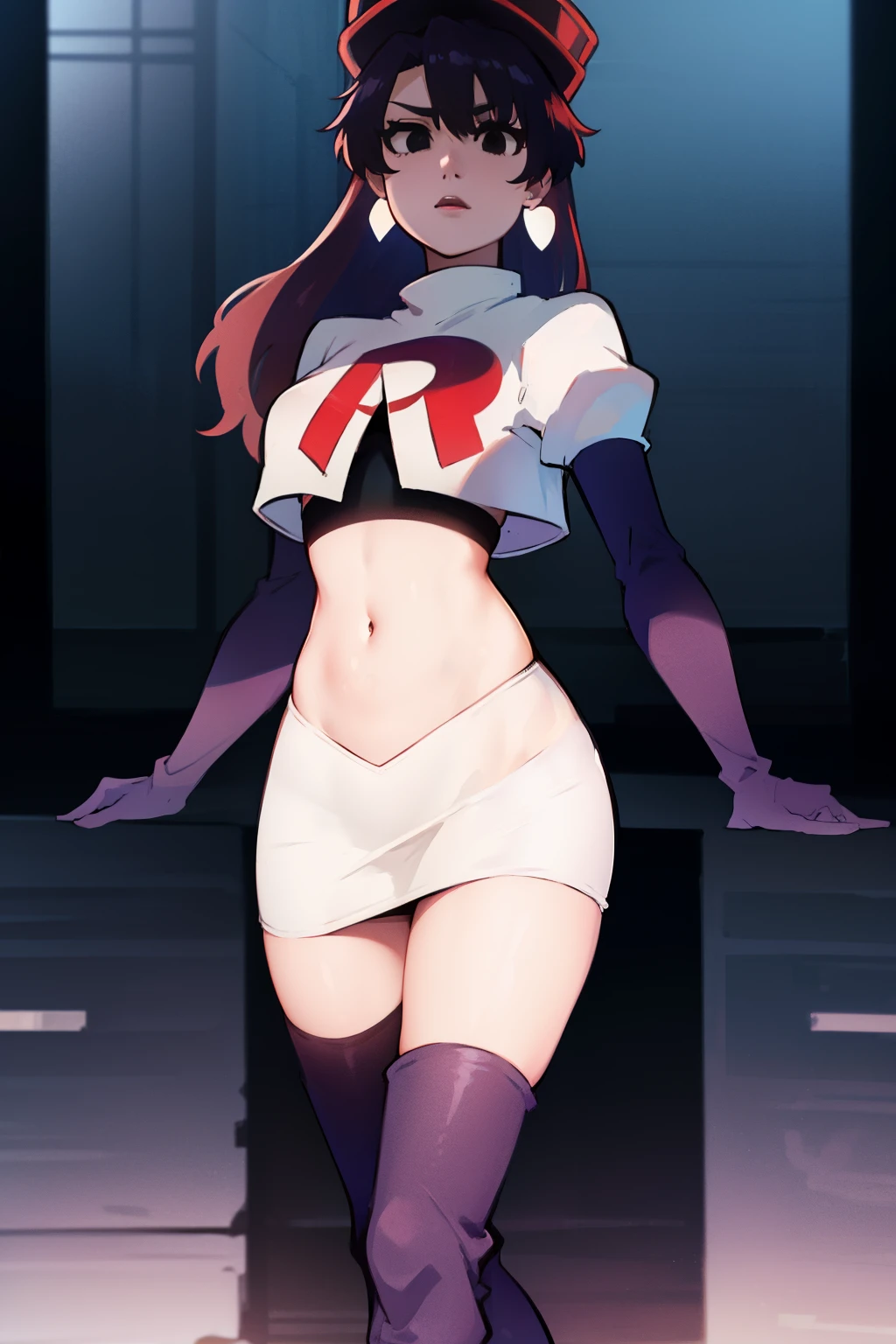 bambietta basterbine, hat, long hair, black hair, (black eyes:1.5), ,glossy lips, light makeup, eye shadow, earrings ,team rocket,team rocket uniform, red letter R, white skirt,white crop top,black thigh-high boots, black elbow gloves,