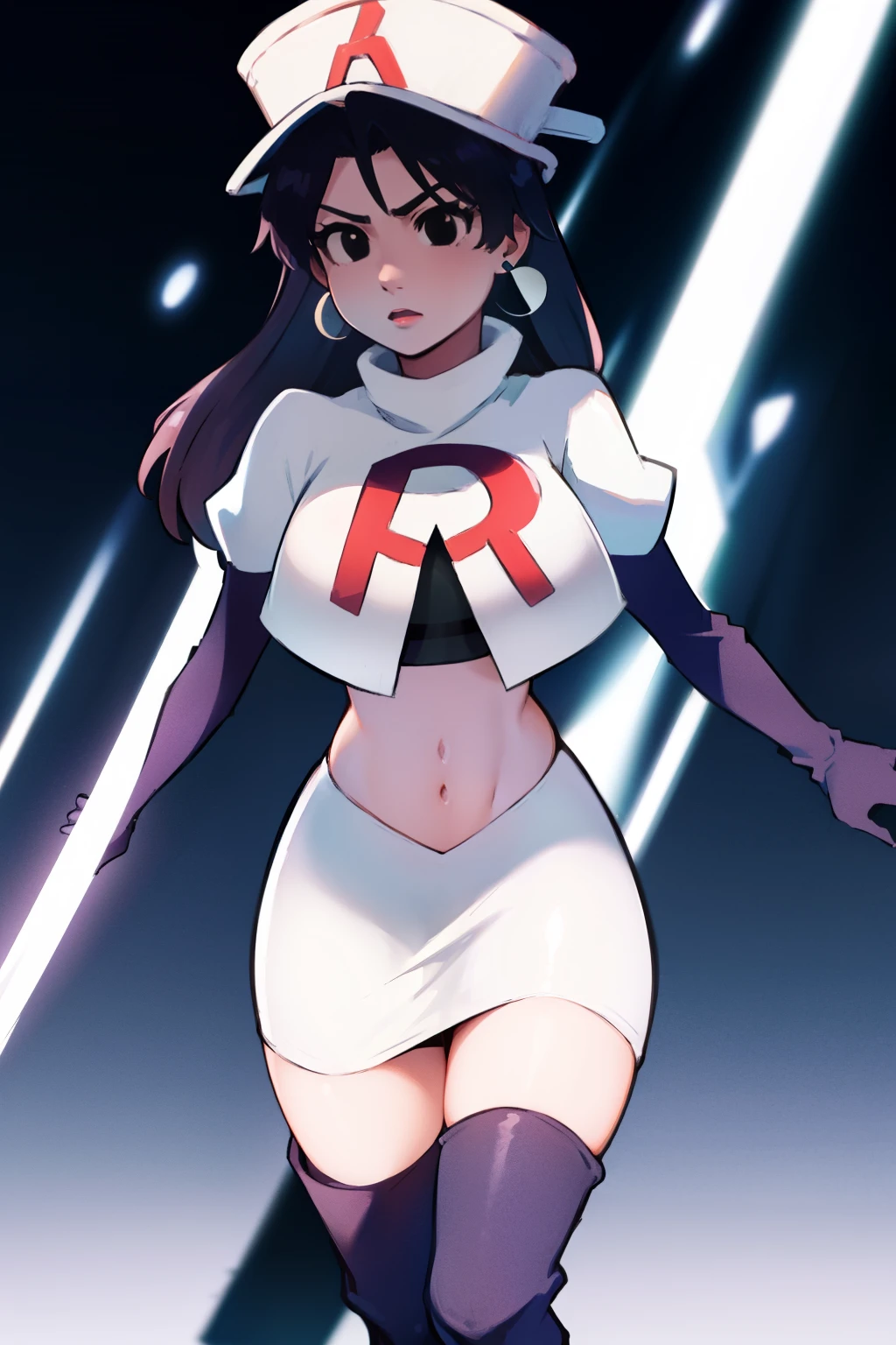 bambietta basterbine, hat, long hair, black hair, (black eyes:1.5), ,glossy lips, light makeup, eye shadow, earrings ,team rocket,team rocket uniform, red letter R, white skirt,white crop top,black thigh-high boots, black elbow gloves,