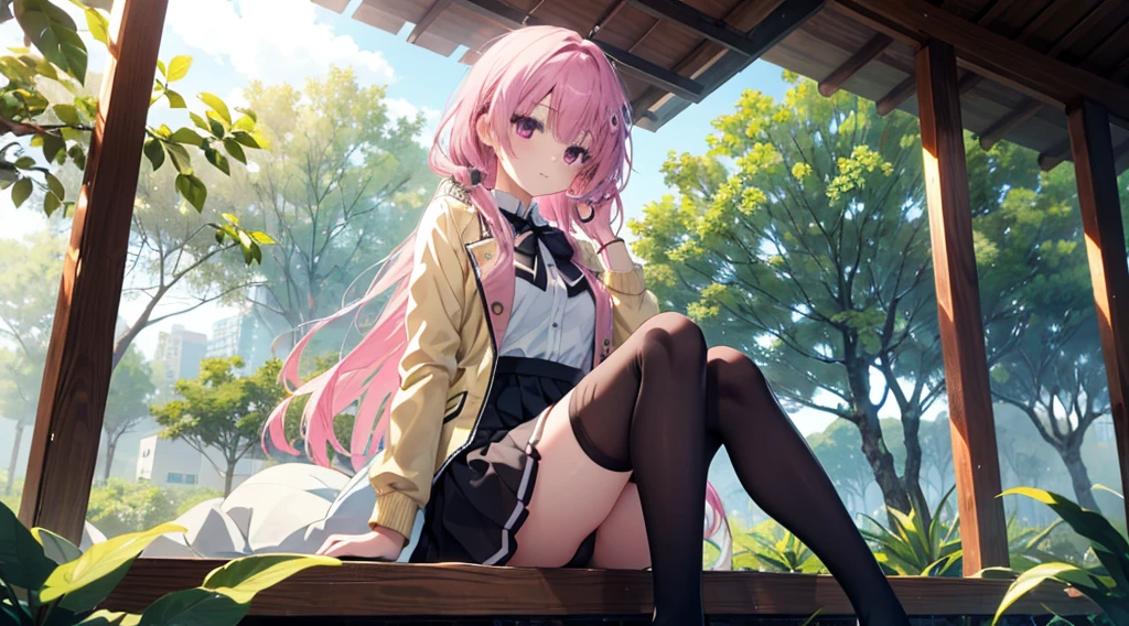 Beautiful jungle tree house,Cinematic, (tmasterpiece),A vibrant,light yellow jacket,White color blouse,a black skirt,one-girl,solo,Pink Long Hair,gentleness,Medium-hair long,hair straight,Black underwear,Anime style 4k, Black stockings,Mitsukasa Ayase、full bodyesbian,sitting in park,Character-centric