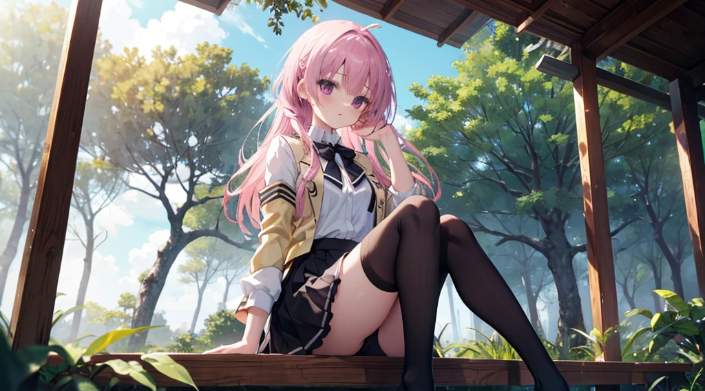 Beautiful jungle tree house,Cinematic, (tmasterpiece),A vibrant,light yellow jacket,White color blouse,a black skirt,one-girl,solo,Pink Long Hair,gentleness,Medium-hair long,hair straight,Anime style 4k, Black stockings,Mitsukasa Ayase、full bodyesbian,sitting in park,Character-centric