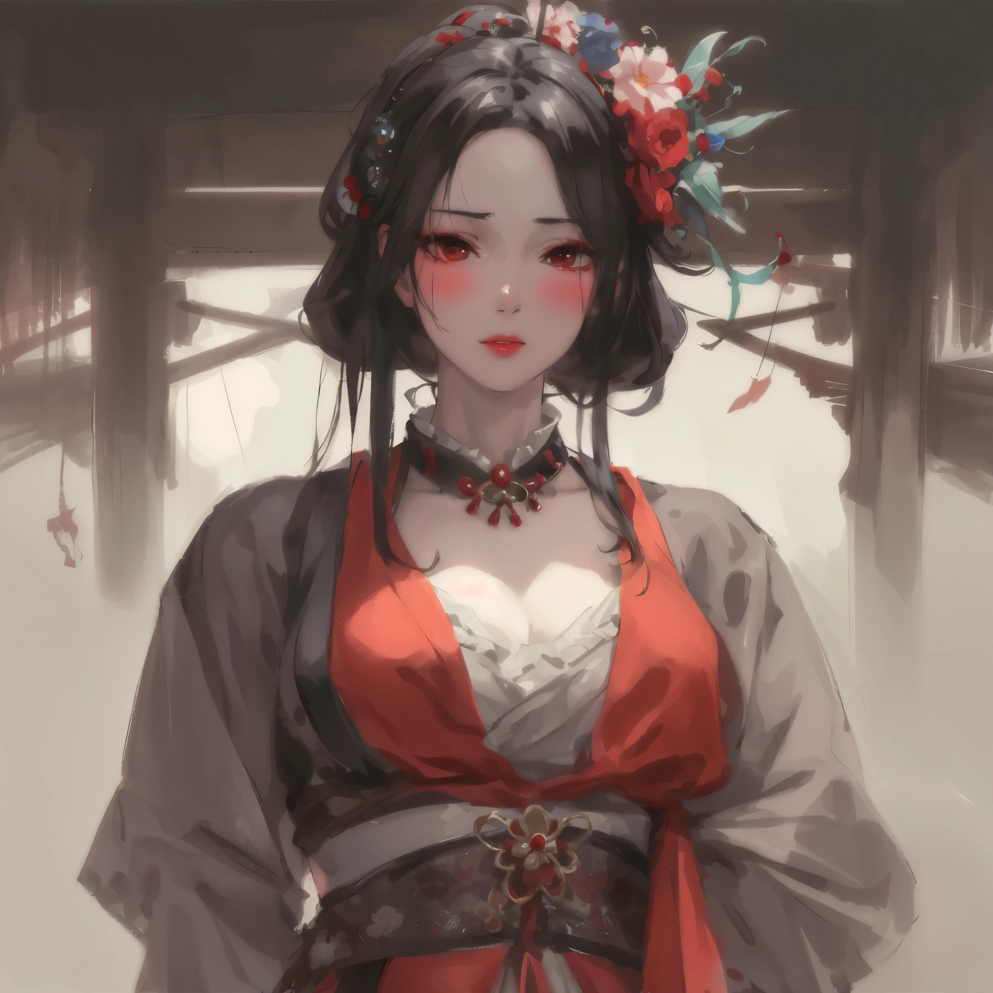 One dressed in red、Close-up of a woman with a flower in her hair, Guviz-style artwork, guweiz, A masterpiece by Guvitz, Belle peinture de personnage, 宮 , A girl in Hanfu, guweiz on artstation pixiv, guweiz on pixiv artstation, author:heroes, by Yanjun Cheng