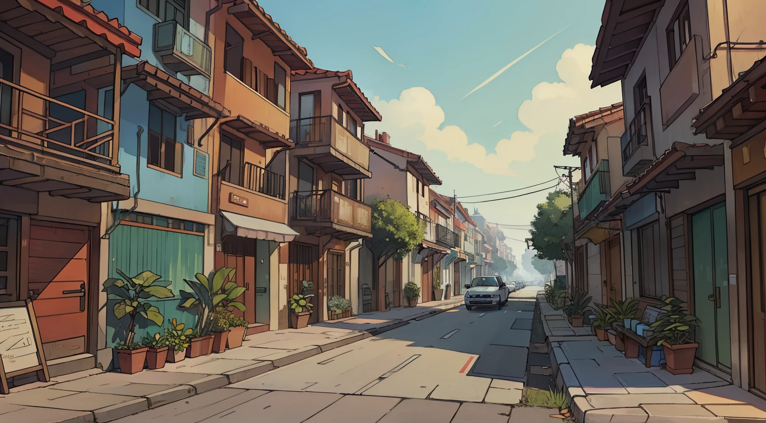 There is a beautiful urban street, Carros , algumas plantas