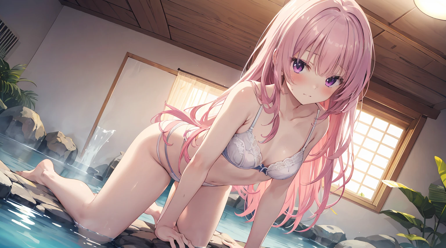 4K anime,1girl, solo, 170cm height,mitsukasa ayase, Smaller,70CM bust,With bare arms,A high resolution,Realistic, 1wall, wide angle,1girl, long hair, shy, embarrassed, blushed, wide angle, POV, (white bra, white panty), light rays, glow, (masterpiece), wallpaper,Full body like,Bareleged,Barefoot,In an indoor hot spring,Damp underwear,Damp body