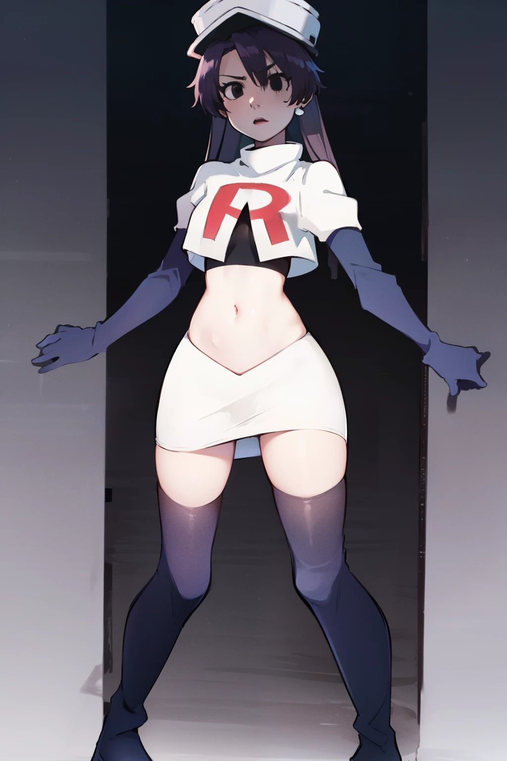 bambietta basterbine, hat, long hair, black hair, (black eyes:1.5), ,glossy lips, light makeup, eye shadow, earrings ,team rocket,team rocket uniform, red letter R, white skirt,white crop top,black thigh-high boots, black elbow gloves,